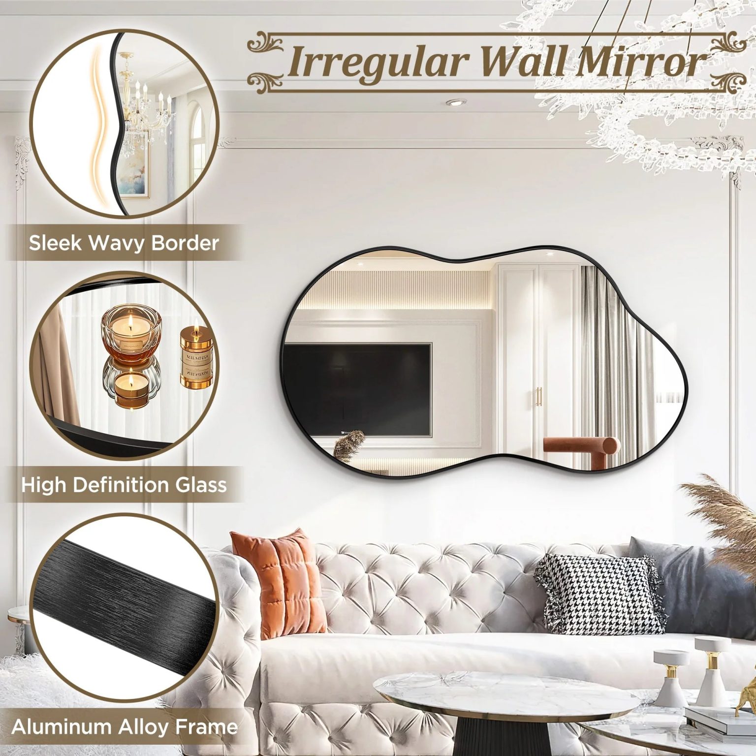 ZenVora Asymmetrical Irregular Wall Mirror, Modern Decorative Accent Mirror for Living Room, Bedroom and Entryway