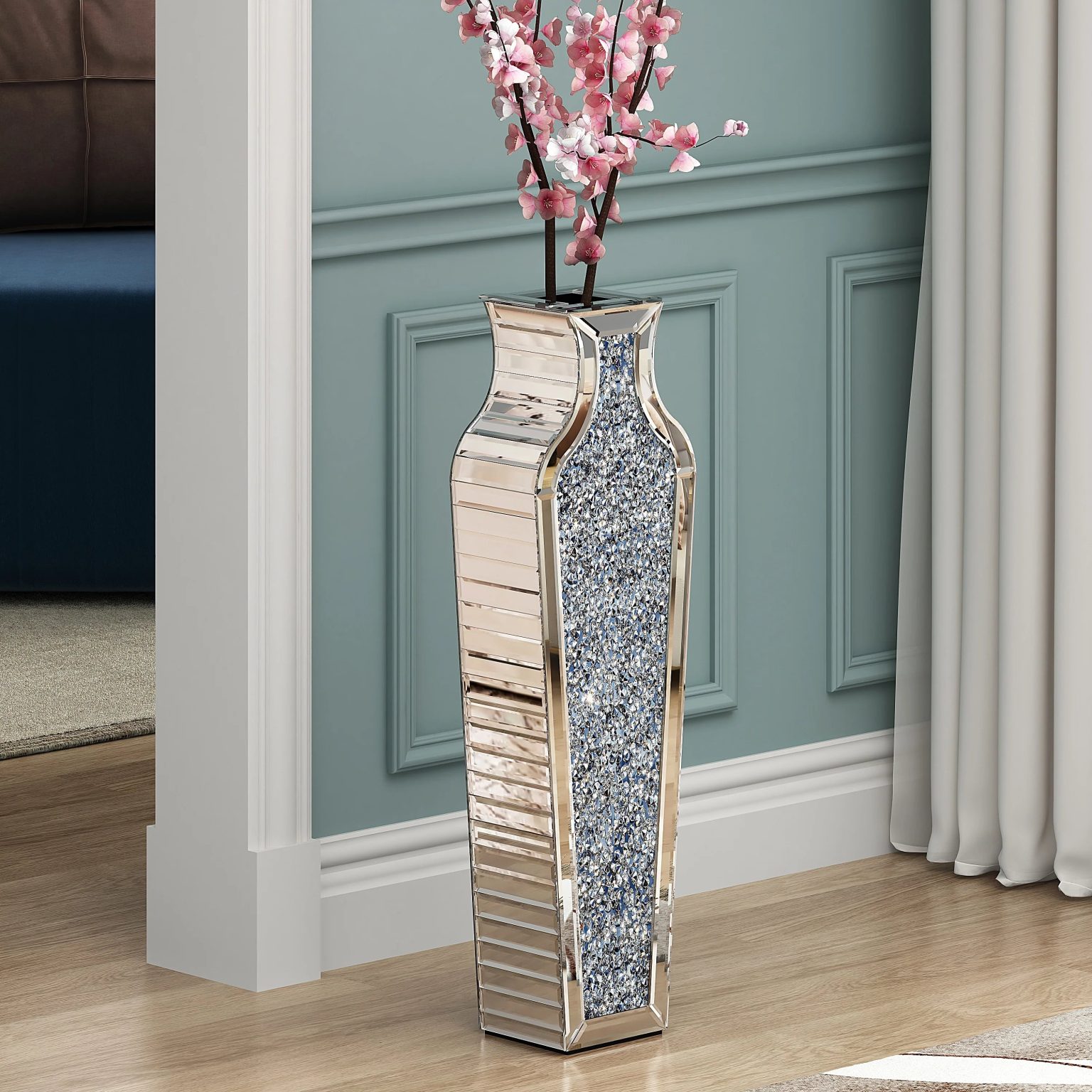 ZenVora Tall Crushed Diamond Floor Vase, Luxury Decorative Crystal Accent Vase for Living Room, Bedroom and Home Decor