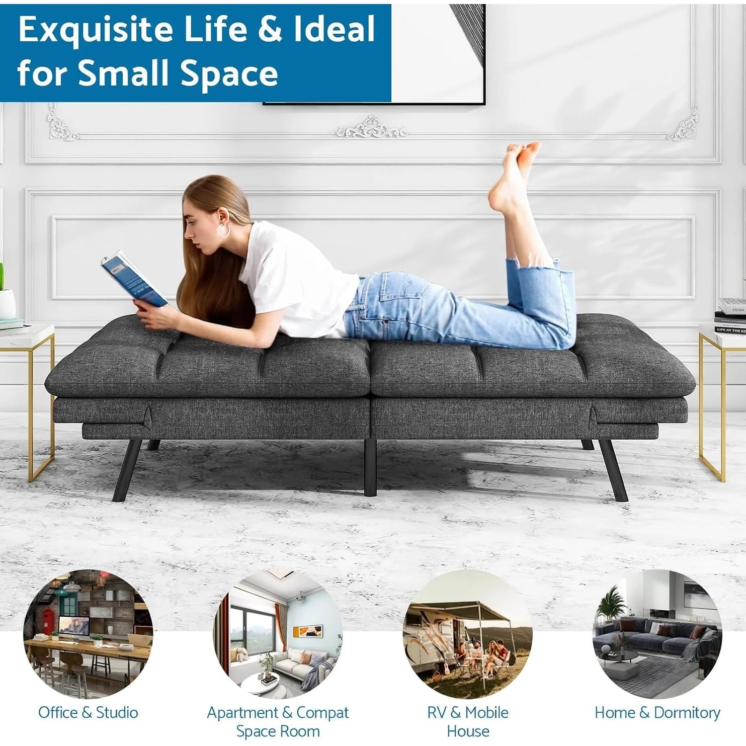 ZenVora Convertible Futon Sofa Bed with Memory Foam, Foldable Loveseat Sleeper with Adjustable Armrests