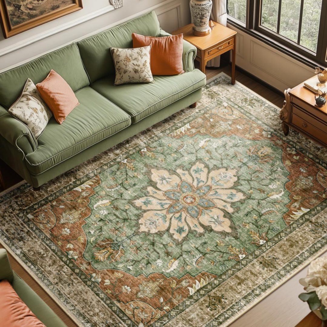 ZenVora 8x10 Washable Floral Medallion Area Rug, Non-Slip Decorative Floor Rug for Living Room, Bedroom and Home