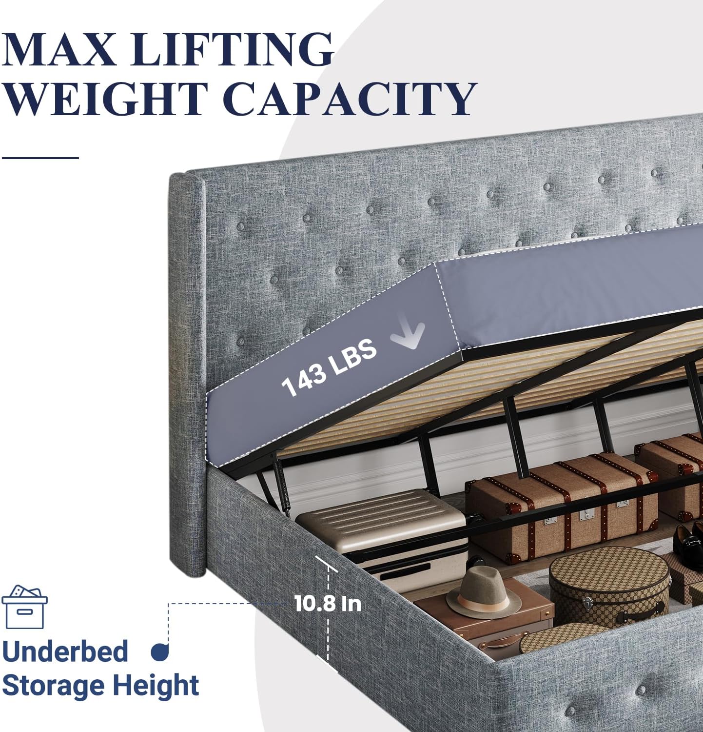 ZenVora Queen Size Lift Up Storage Bed with Wingback Headboard, Upholstered Platform Bed Frame with Hidden Storage