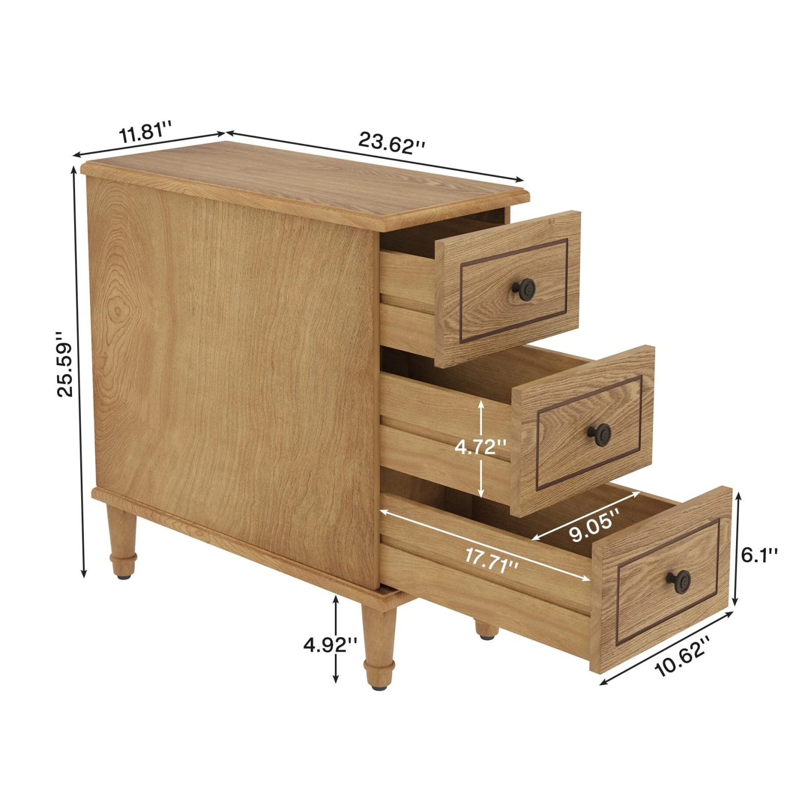 ZenVora Fully Assembled Narrow End Table, Solid Wood Side Table with 3 Drawers, Vintage Nightstand for Small Spaces