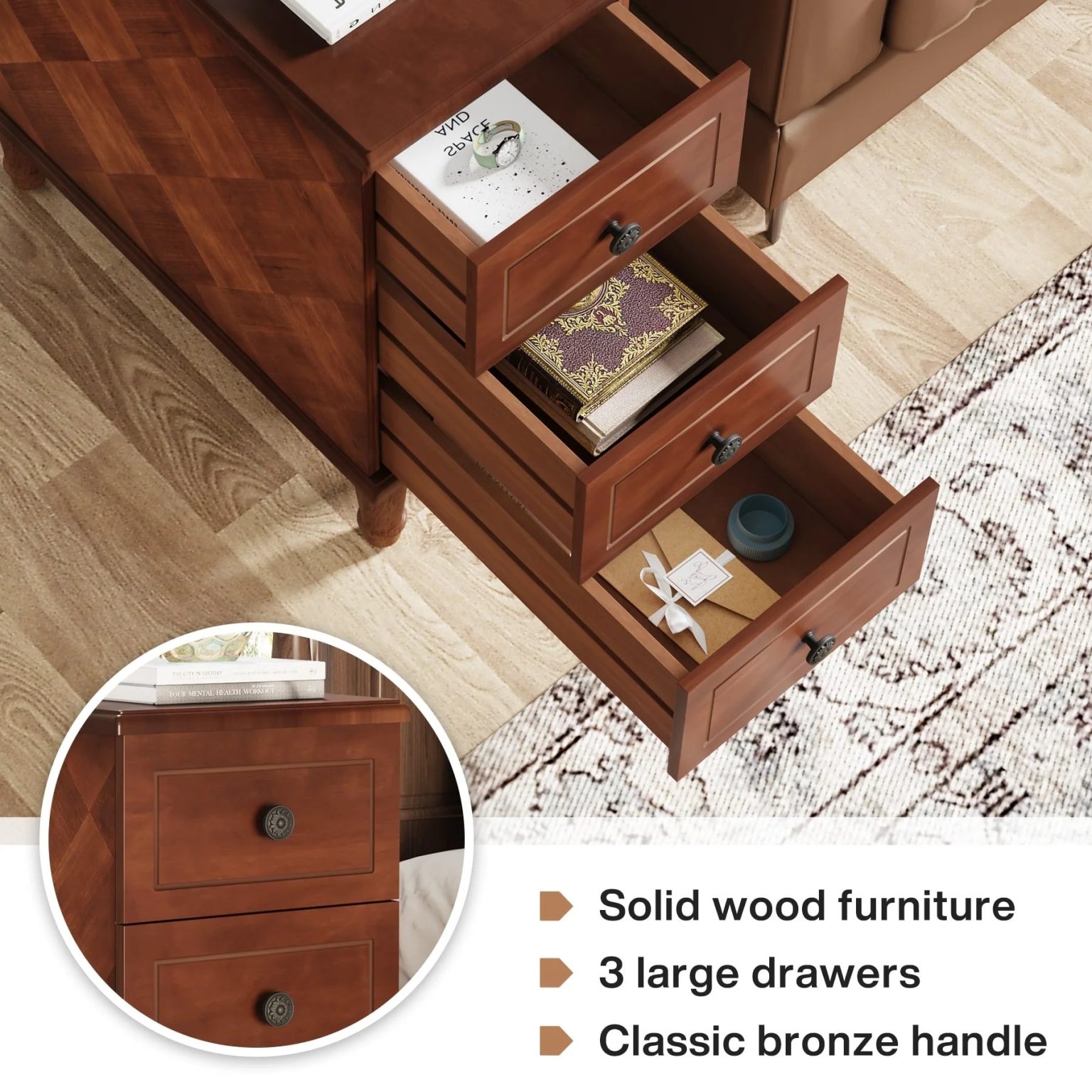 ZenVora Fully Assembled Narrow End Table, Solid Wood Side Table with 3 Drawers, Vintage Nightstand for Small Spaces
