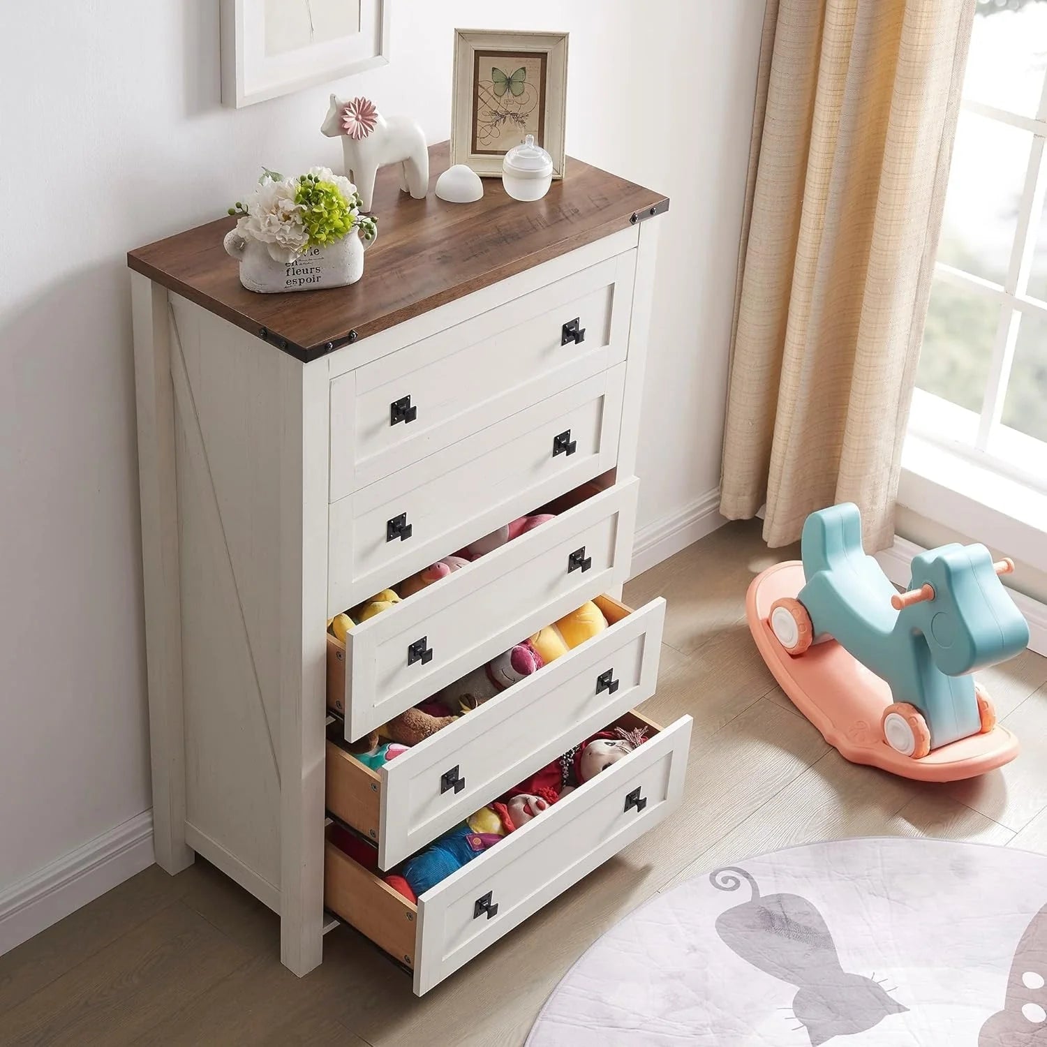 ZenVora 48 Inch Tall Farmhouse Wood Dresser, 5 Drawer Chest of Drawers for Bedroom