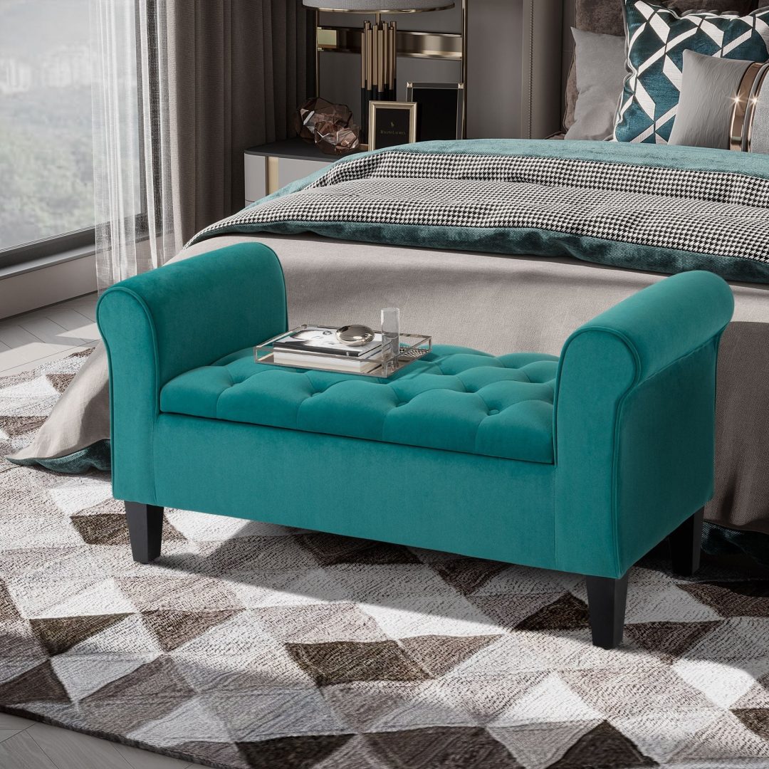 ZenVora Button-Tufted Storage Ottoman Bench, Upholstered Bed Bench with Rolled Armrests for Bedroom, Living Room and Hallway