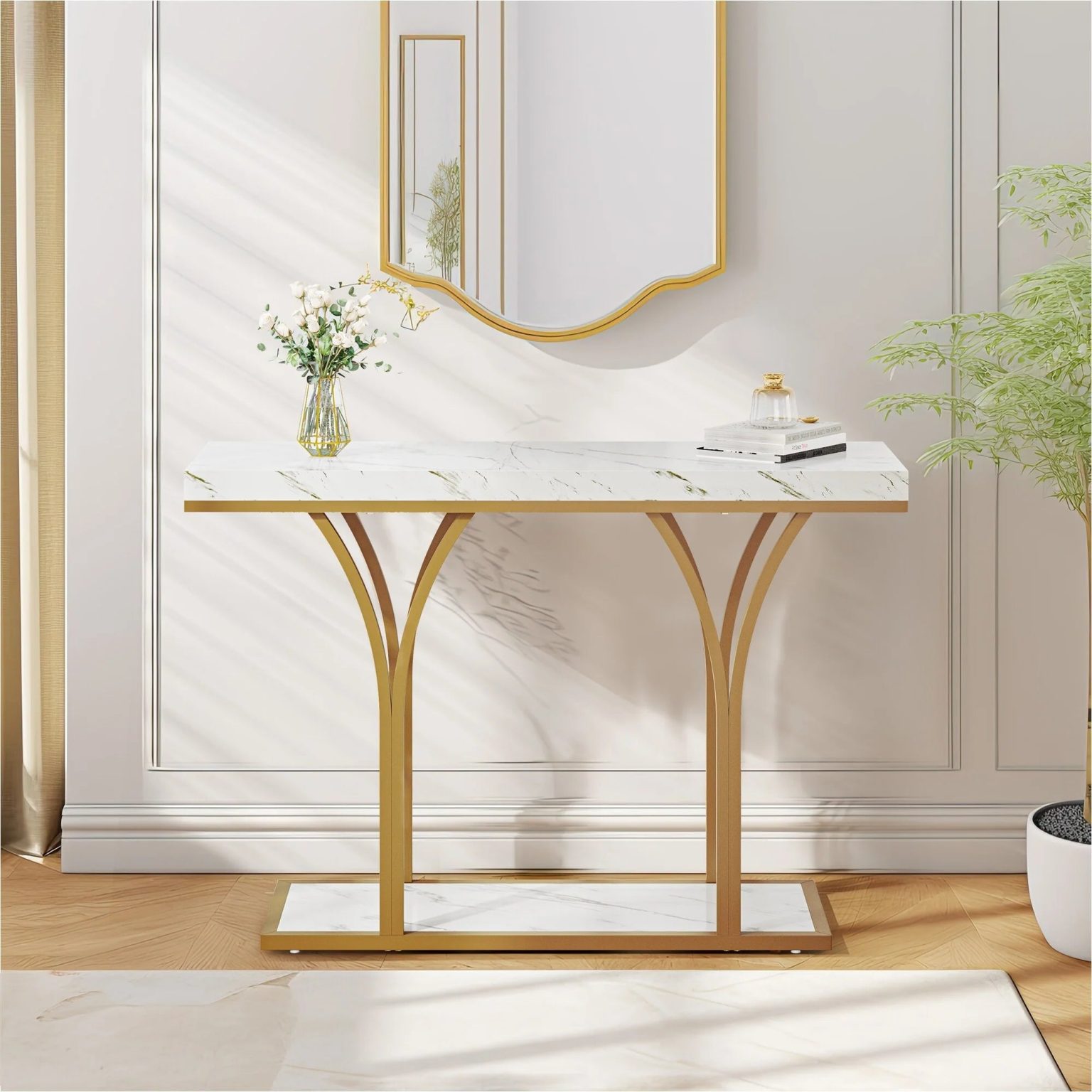 ZenVora Modern Gold Console Table with Marbled Top, Sofa Table for Entryway and Hallway
