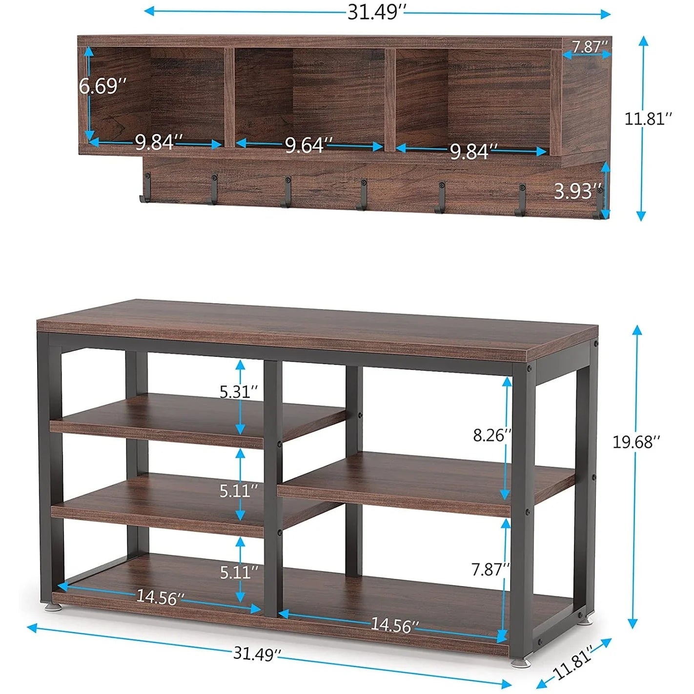 ZenVora Entryway Coat Rack and Shoe Bench Set, Industrial Hall Tree with Coat and Shoe Storage