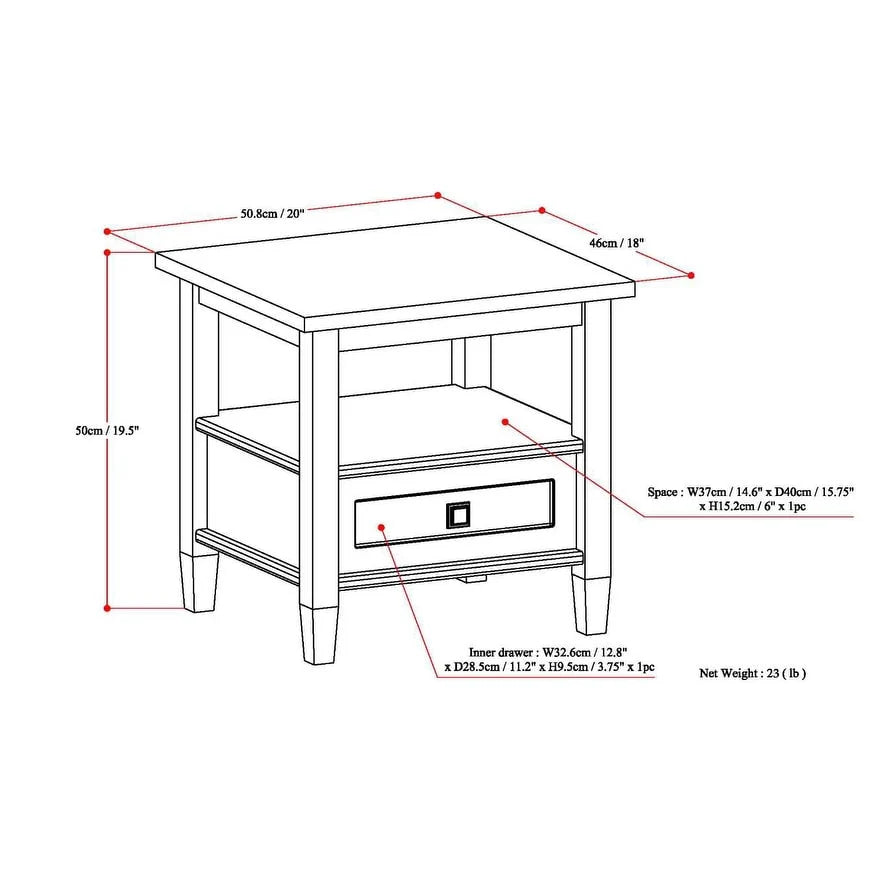ZenVora 20 Inch Wide Solid Wood Rectangle End Table, Transitional Side Table