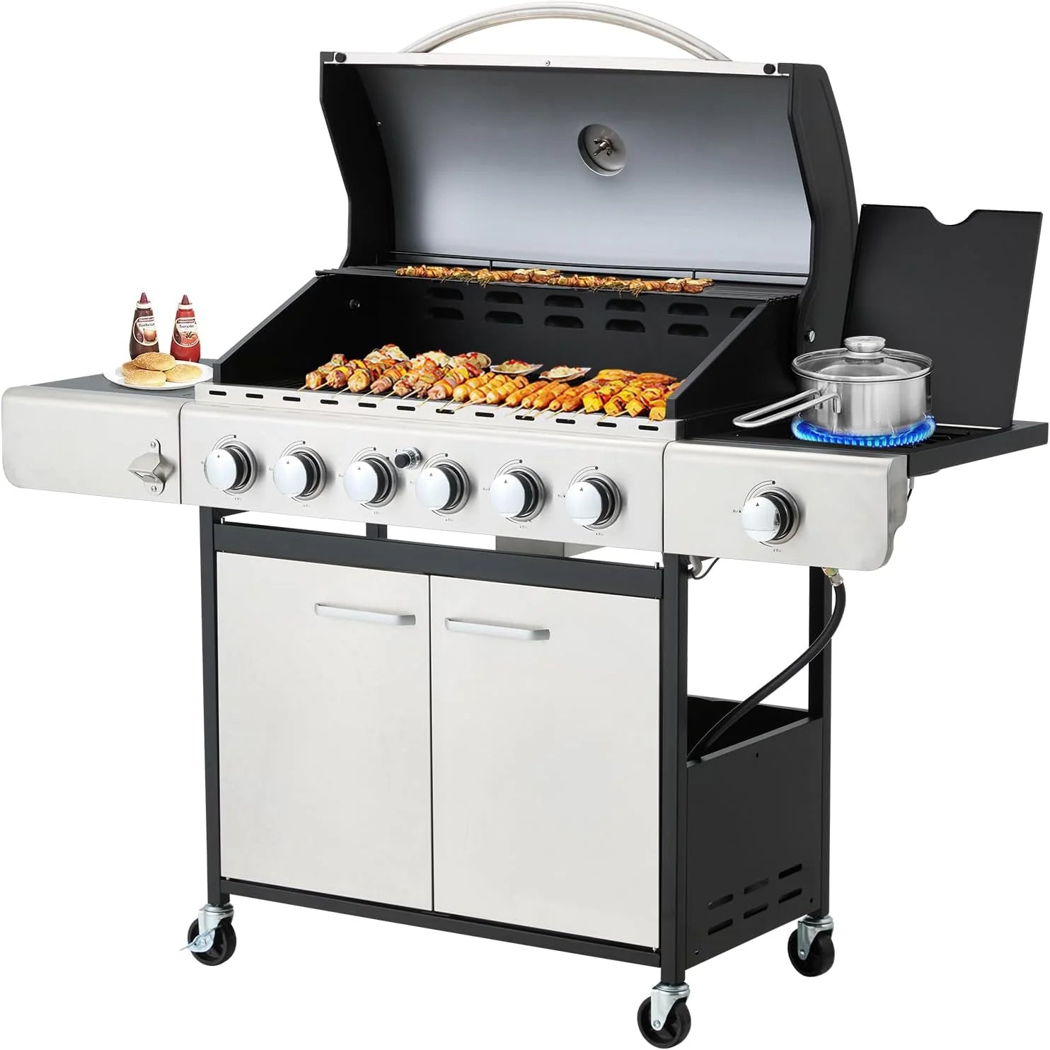 ZenVora 4-Burner Propane Gas Grill with Cast Iron Grates, Side Stove and 44,000 BTU Stainless Steel Burners