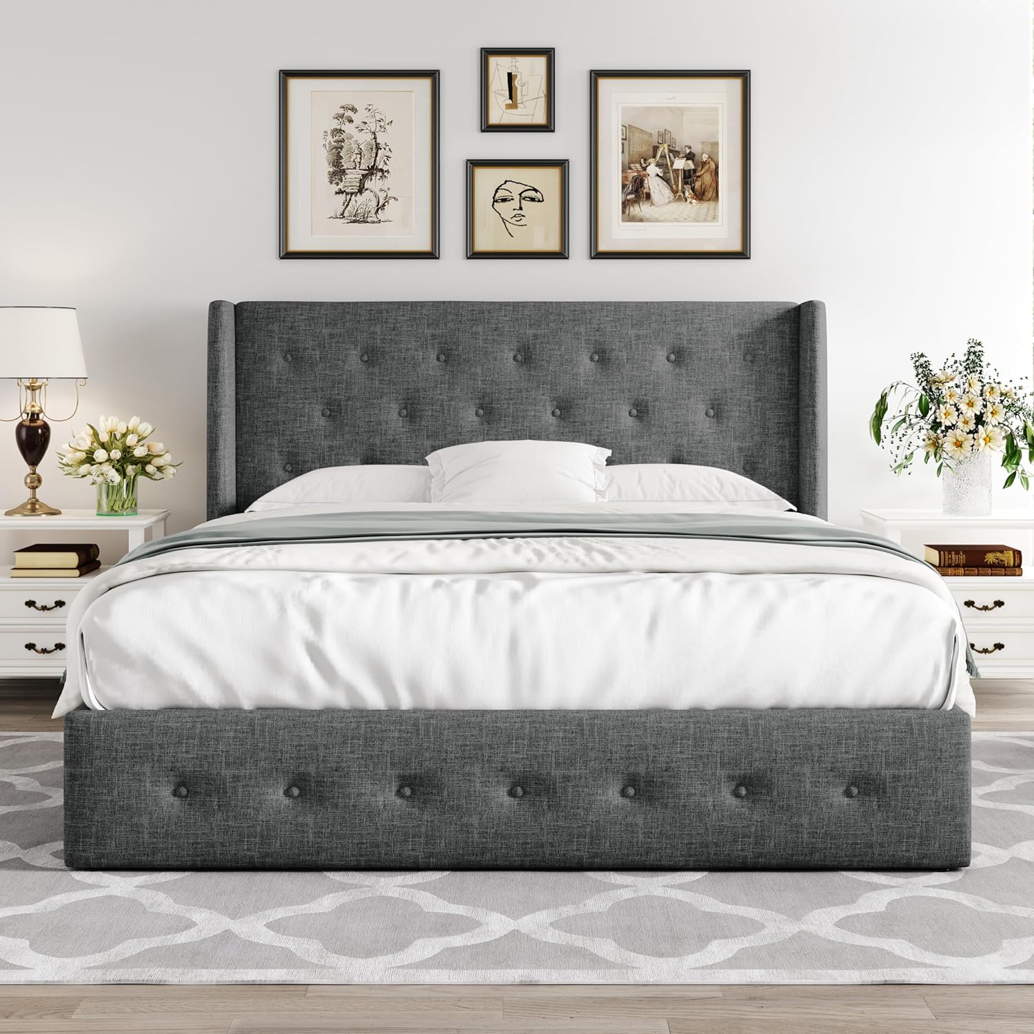 ZenVora Queen Size Lift Up Storage Bed with Wingback Headboard, Upholstered Platform Bed Frame with Hidden Storage