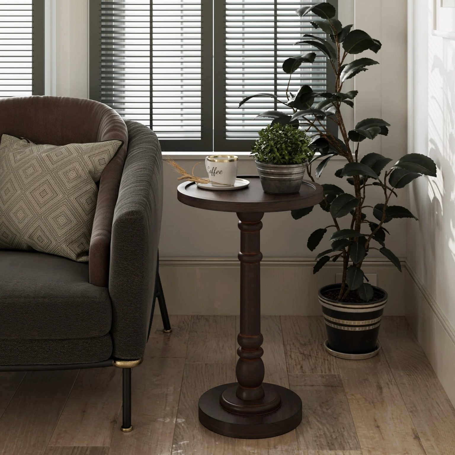 ZenVora Small Pedestal End Table with Tray Top, Farmhouse Distressed Finish Accent Table