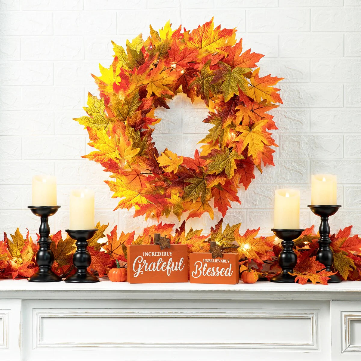 ZenVora Thanksgiving LED Lighted Fall Maple Leaf Wreath and Garland - Autumn Home Decor