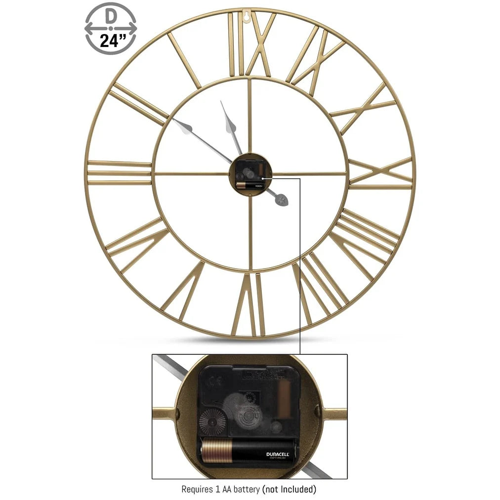 ZenVora 24 Inch Large Round Gold Metal Wall Clock, Decorative Analog Clock for Home