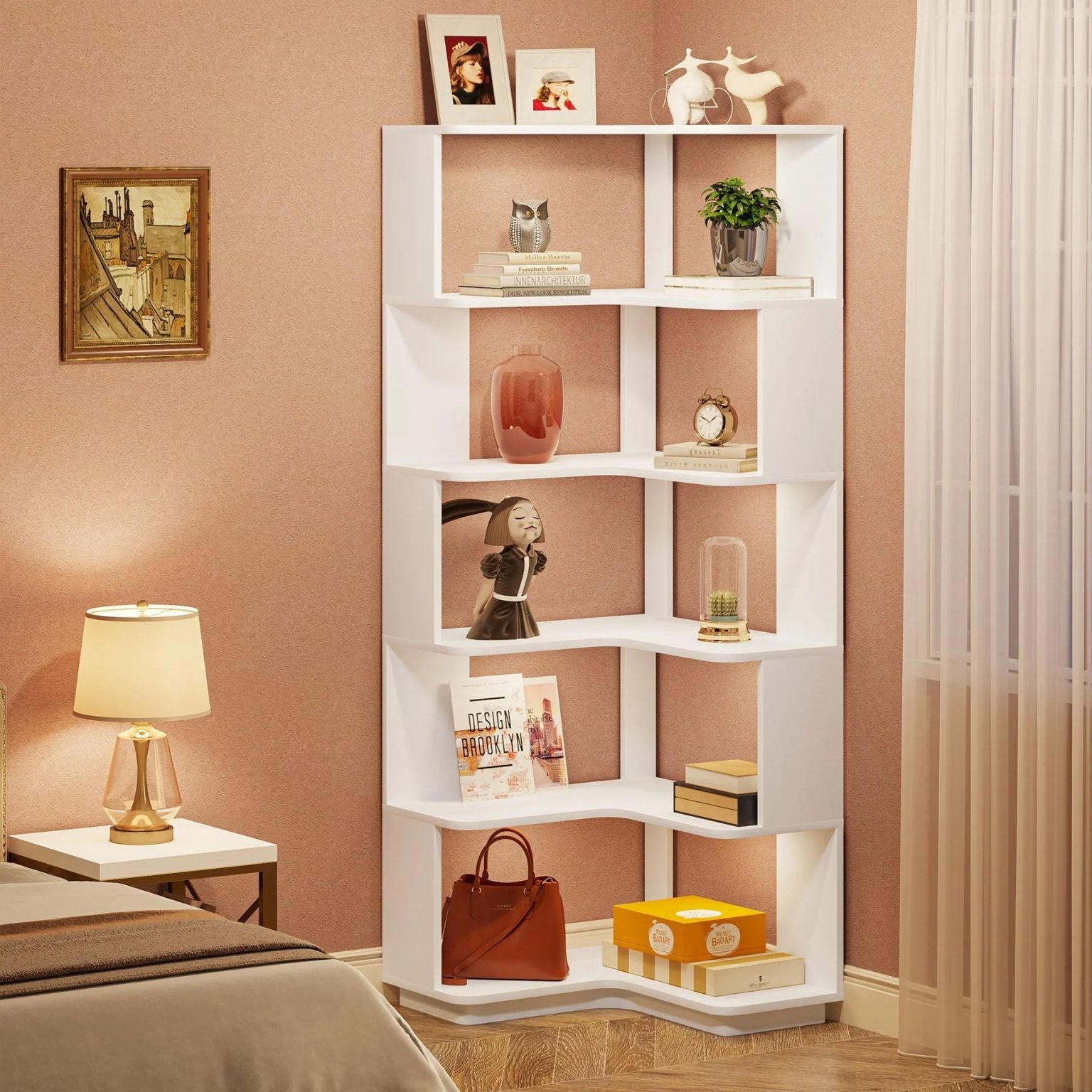 ZenVora 64.9 Inch Tall 6-Tier Corner Bookshelf, Freestanding Wood Industrial Bookcase