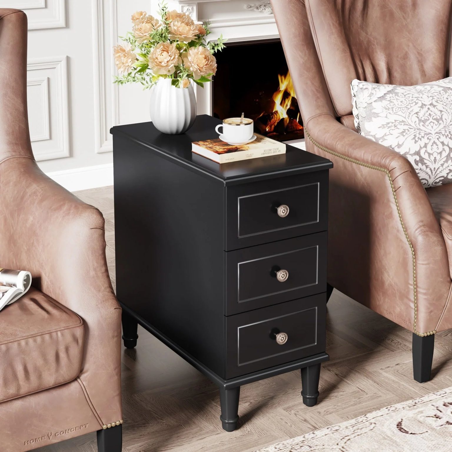 ZenVora Fully Assembled Narrow End Table, Solid Wood Side Table with 3 Drawers, Vintage Nightstand for Small Spaces