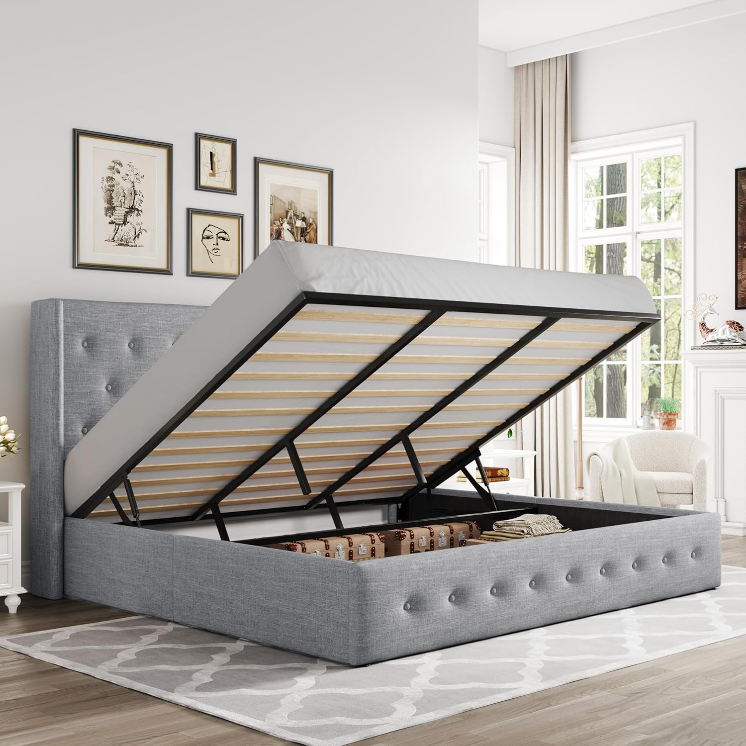 ZenVora Queen Size Lift Up Storage Bed with Wingback Headboard, Upholstered Platform Bed Frame with Hidden Storage