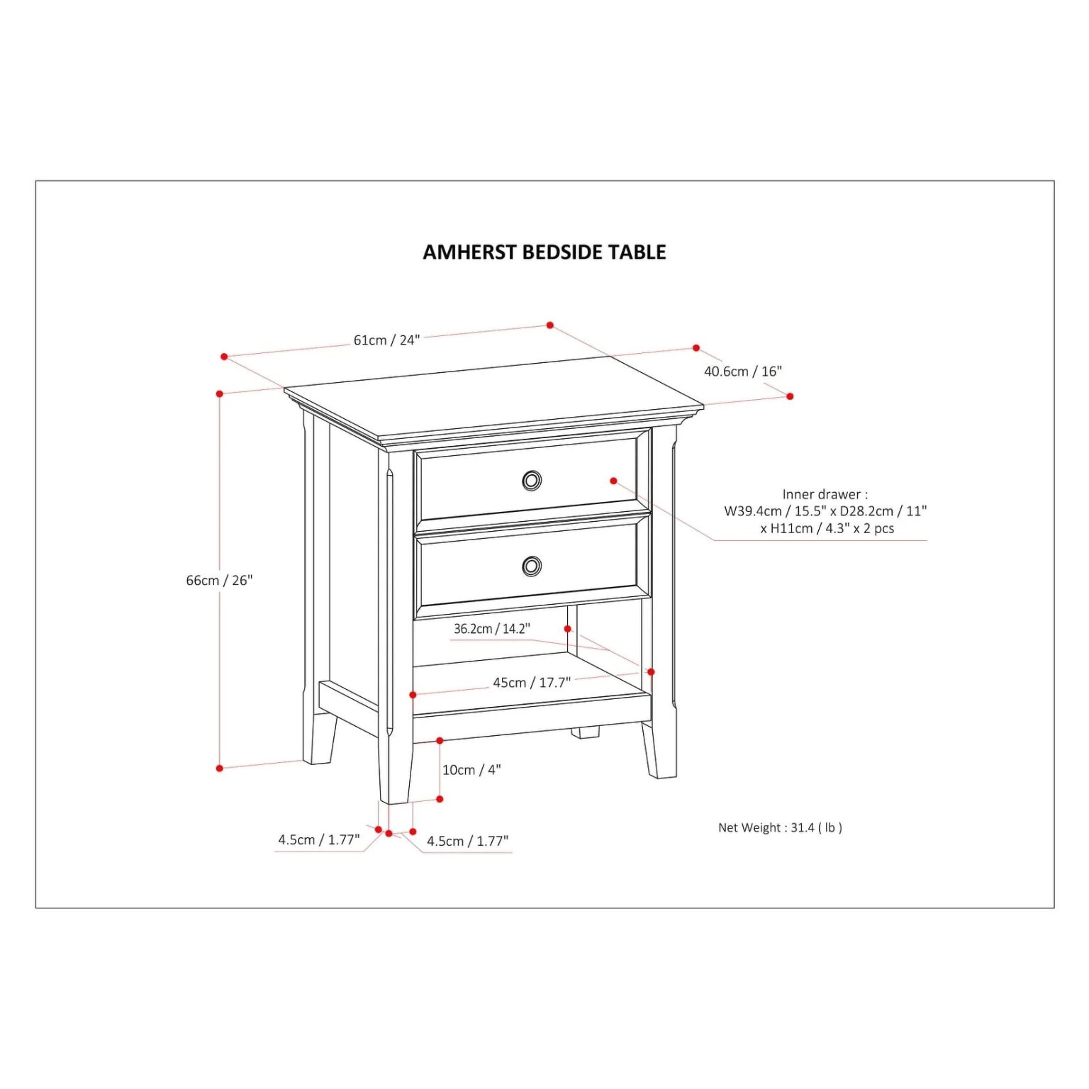 ZenVora 24 Inch Wide Solid Wood Nightstand, Bedside Table and Bedroom End Table