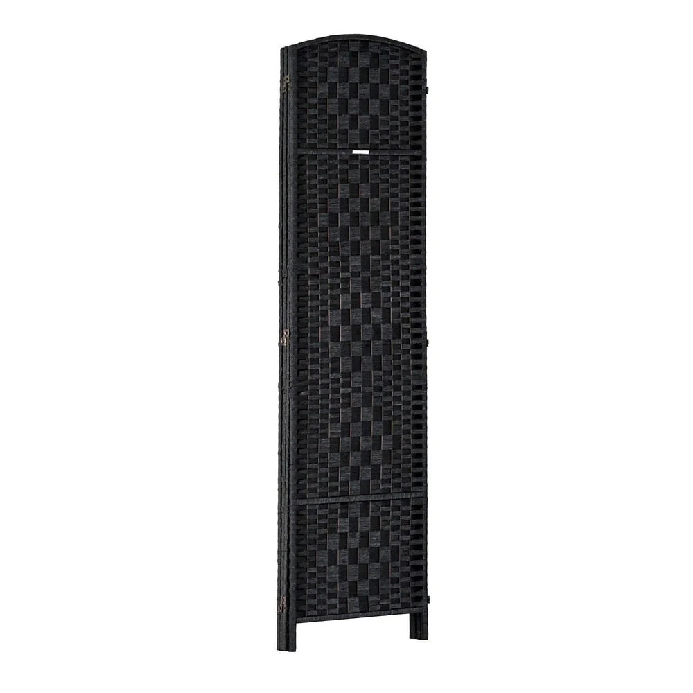 ZenVora 6 Ft Tall Four-Panel Wicker Weave Room Divider, Black Wood Privacy Screen
