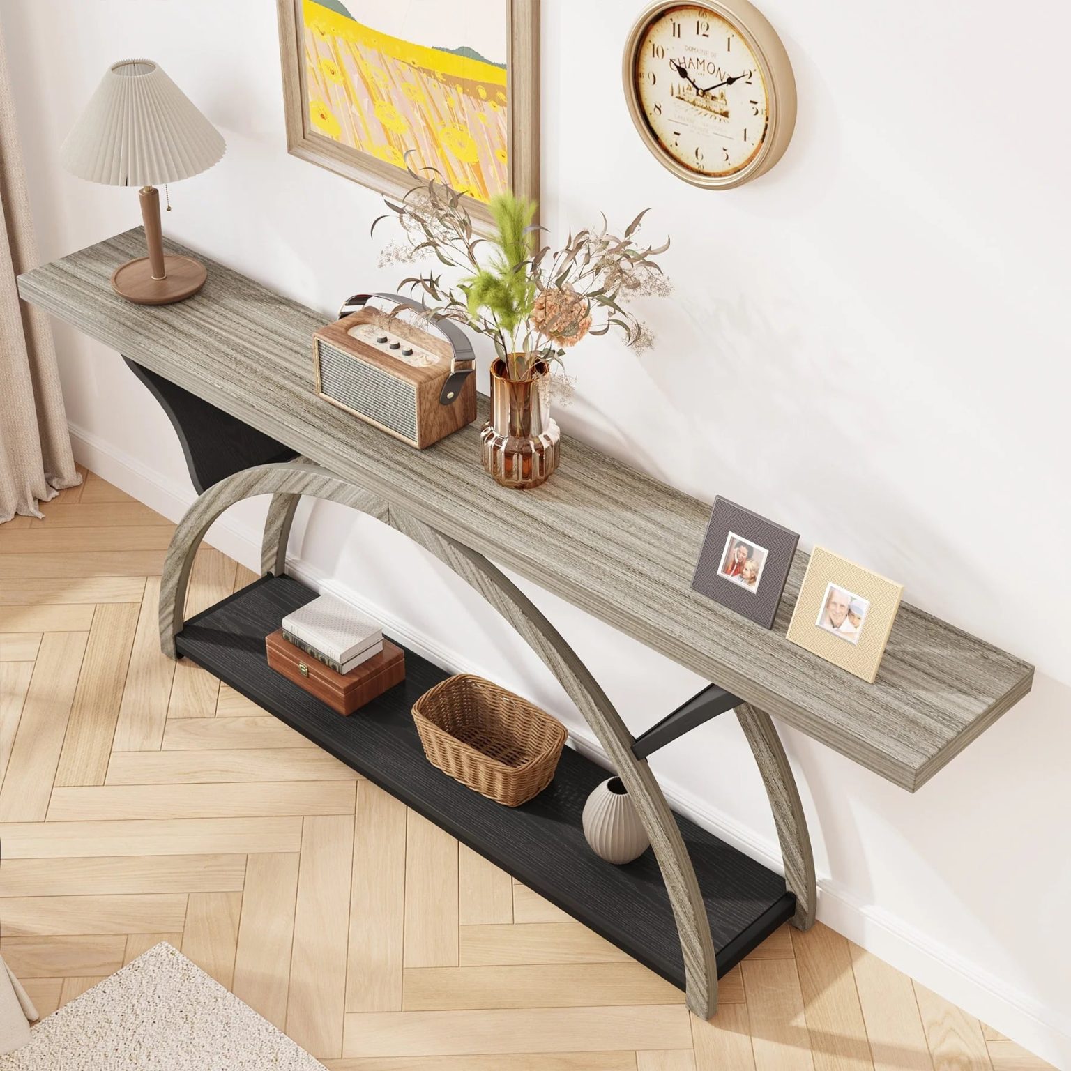 ZenVora Gray 2-Tier Slim Console Sofa Table, Semi-Circular Metal Frame for Hallway
