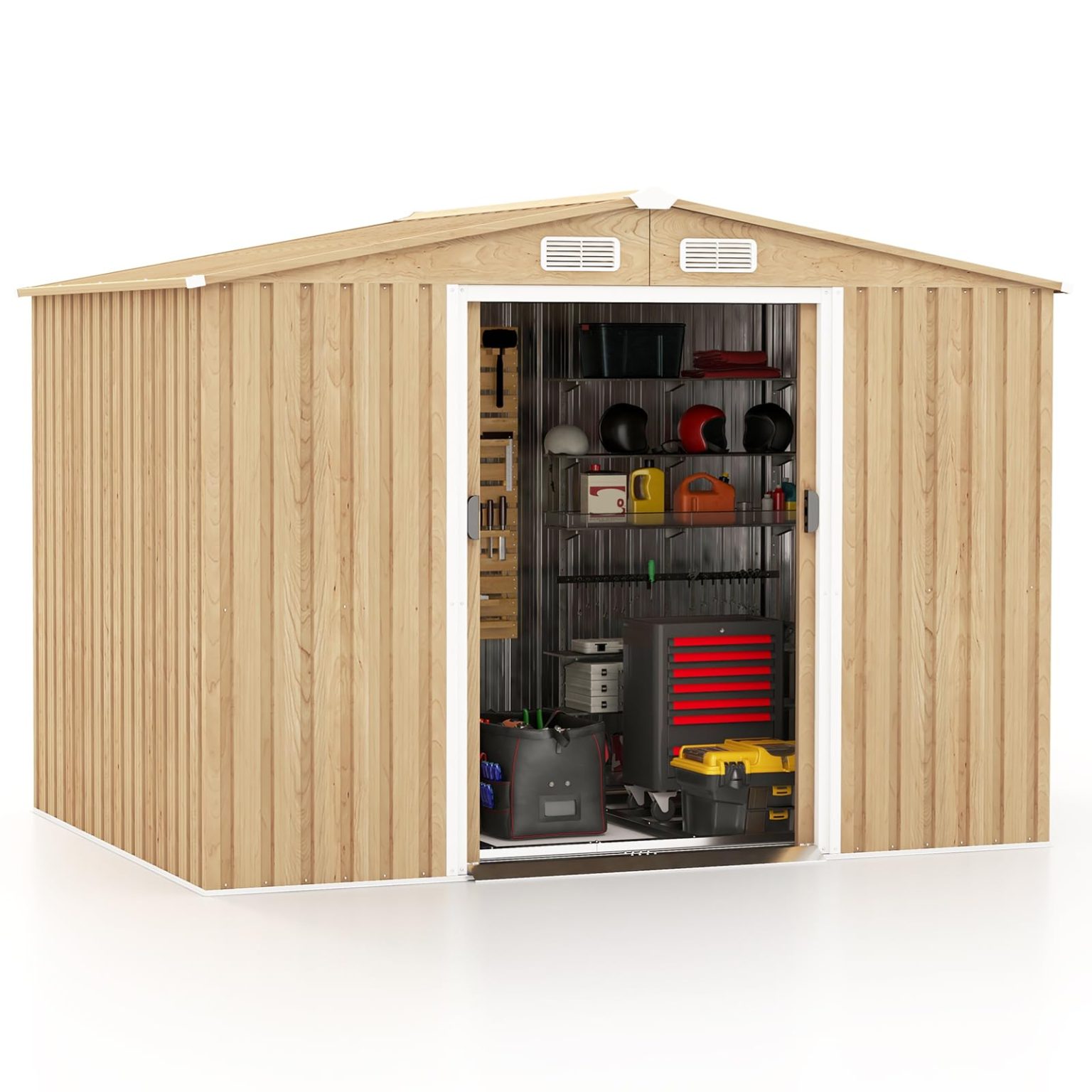 ZenVora 8' x 6' Metal Storage Shed – Woodgrain Outdoor Tool House with Base Floor & 4 Vents