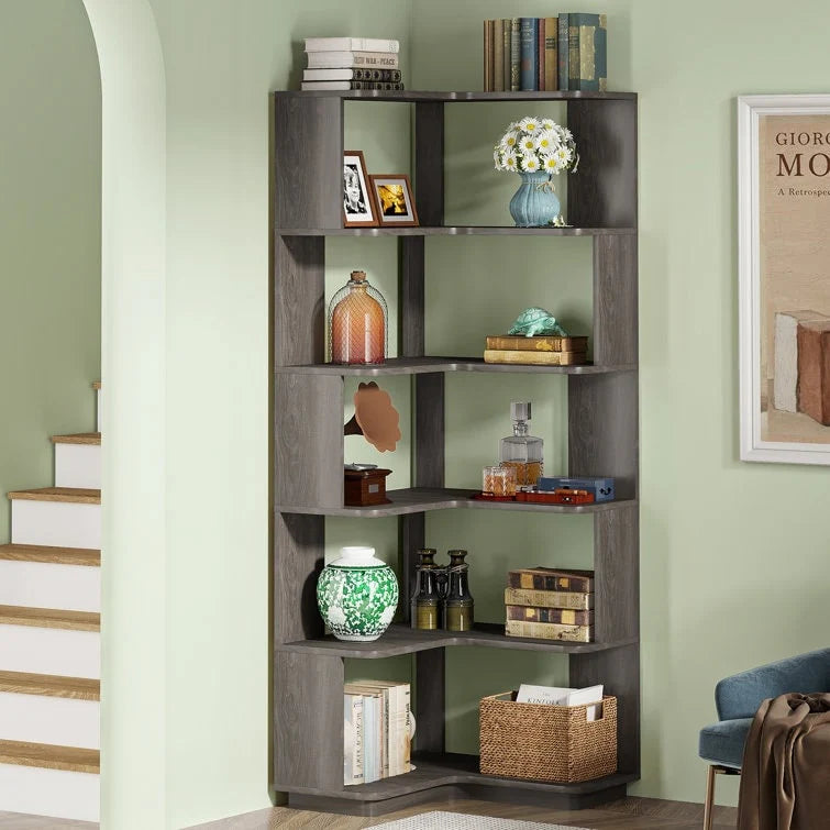 ZenVora 64.9 Inch Tall 6-Tier Corner Bookshelf, Freestanding Wood Industrial Bookcase