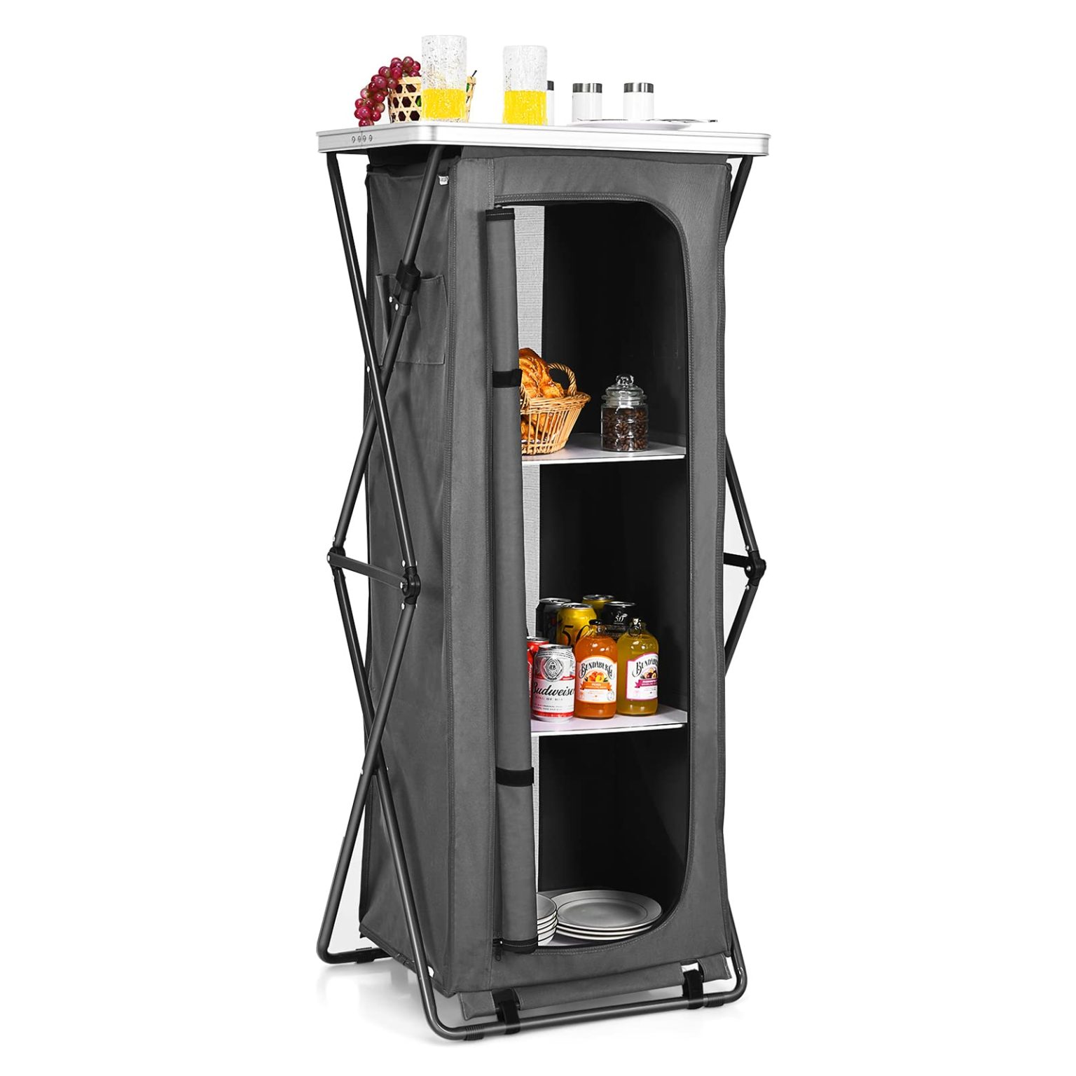 ZenVora Portable Camping Storage Cabinet - 3 Tier Folding Outdoor Kitchen Organizer with Tabletop & Carry Bag