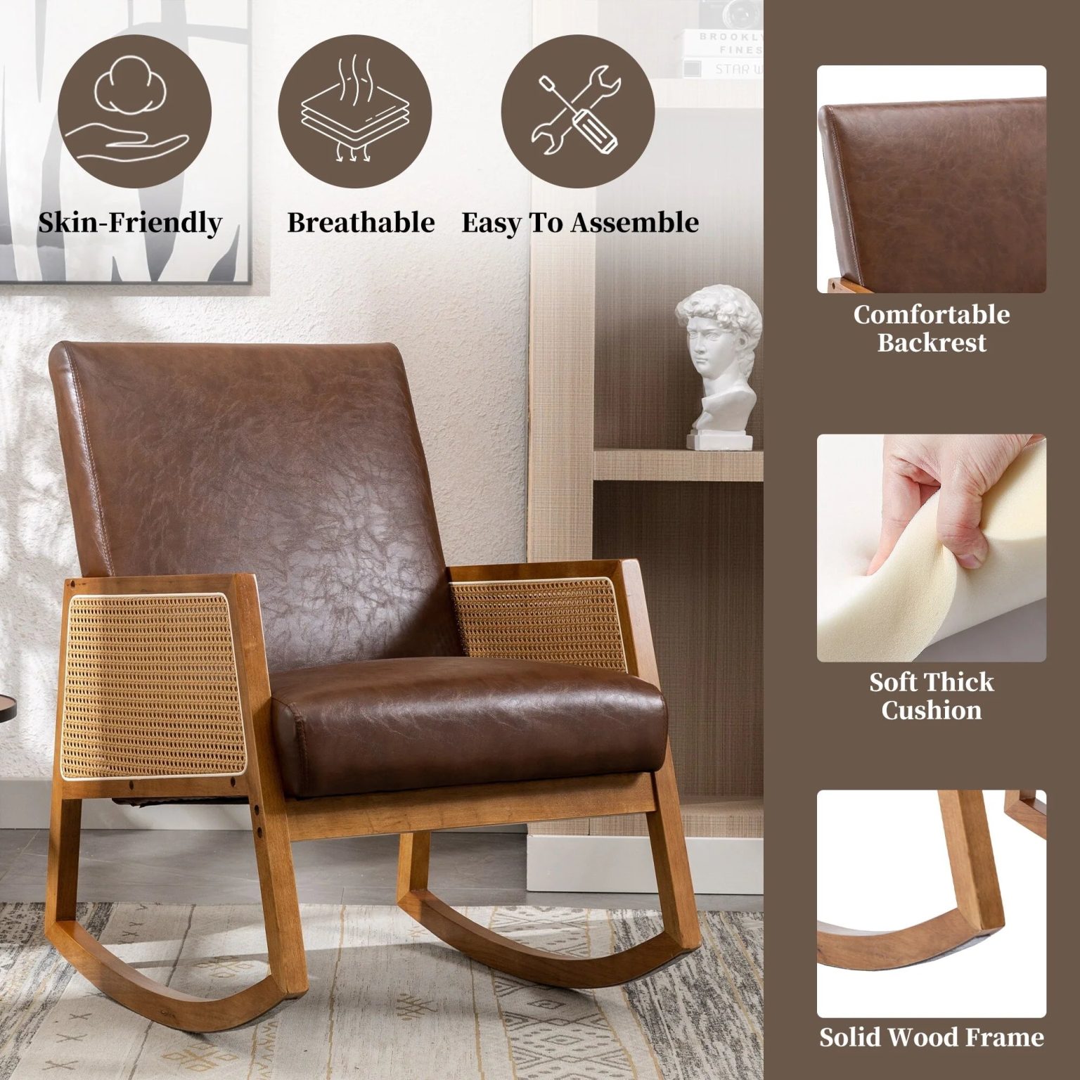 ZenVora Upholstered Tall Back Rocking Chair, Smooth Gliding Accent Armchair for Comfortable Living Room Seating