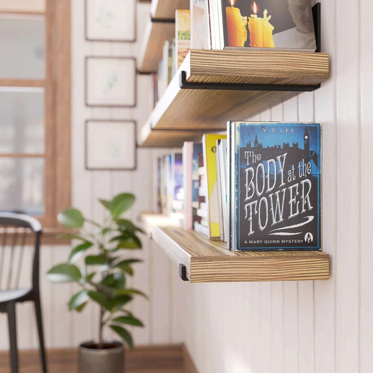 ZenVora 72 Inch Floating Wood Wall Shelves, Set of 2 Burnt Wood Display and Storage Shelves for Home Decor