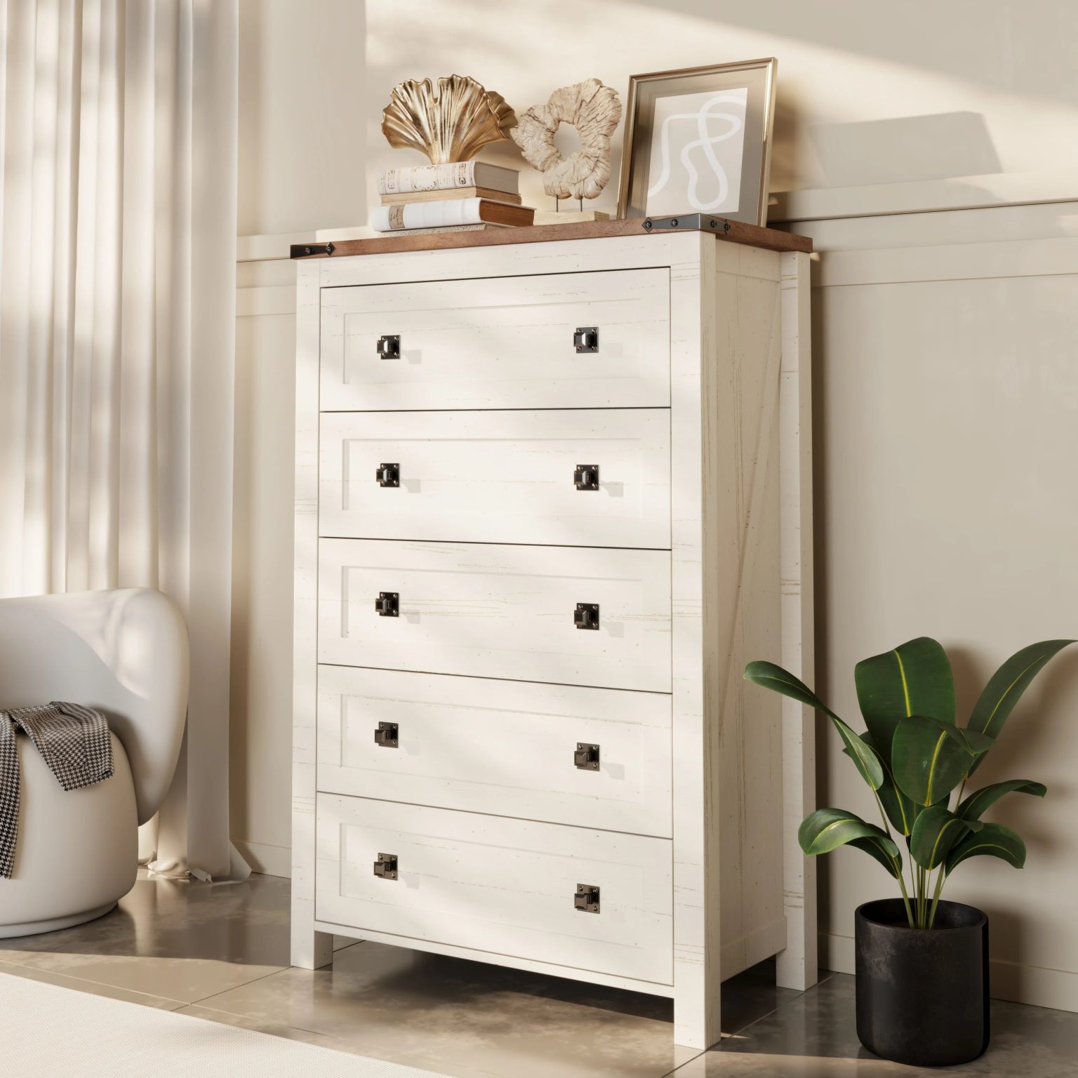 ZenVora 48 Inch Tall Farmhouse Wood Dresser, 5 Drawer Chest of Drawers for Bedroom