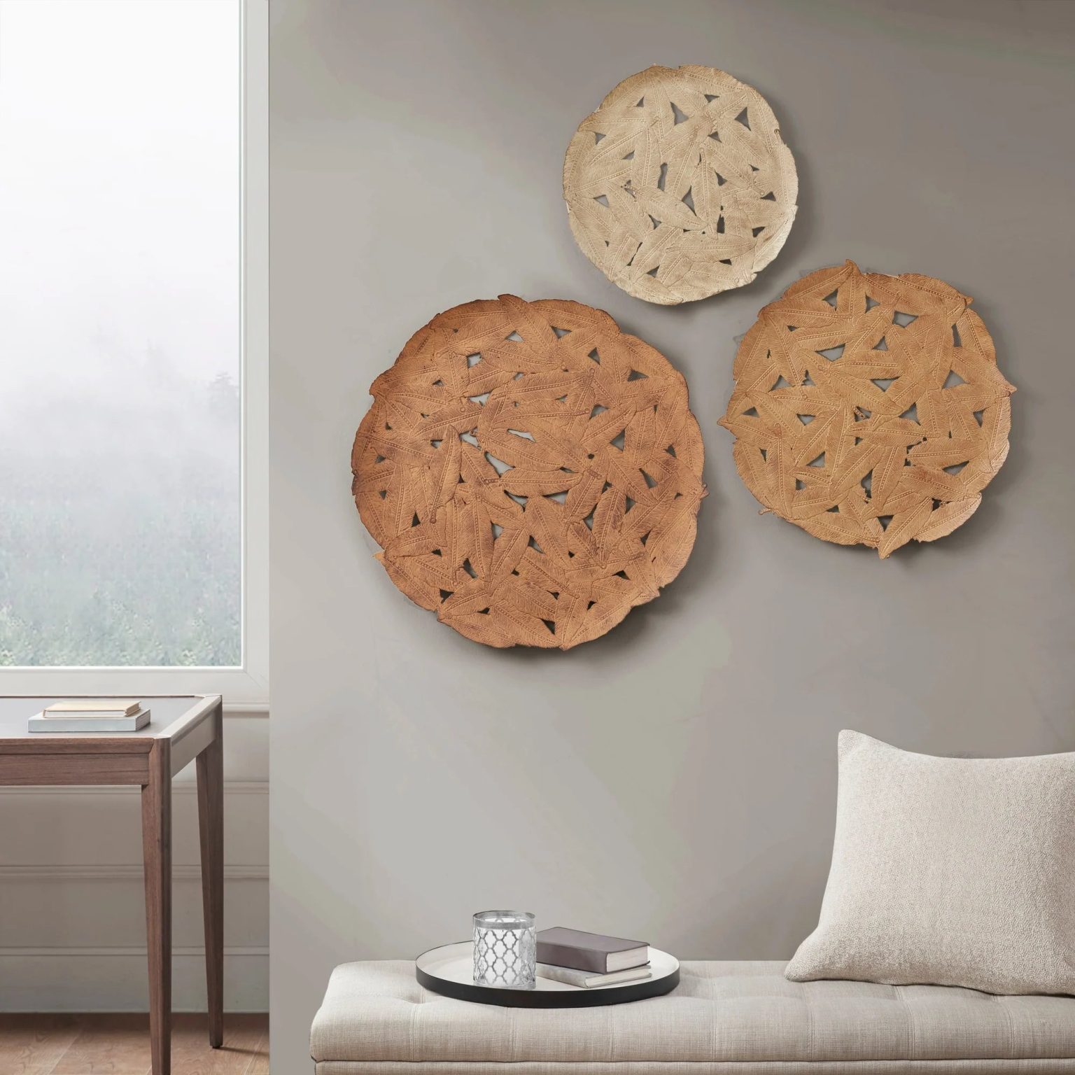ZenVora Textured Feather 3-Piece Metal Disc Wall Decor Set, Decorative Wall Art for Home