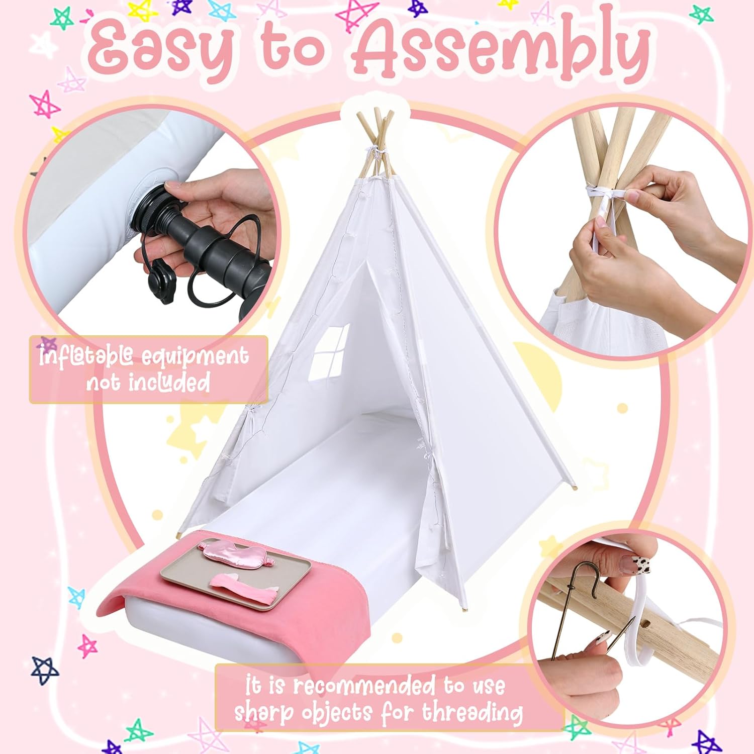 ZenVora 8-Pack Kids Teepee Tent Set for Sleepover Parties, White