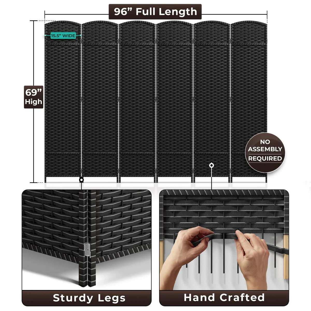 ZenVora 6 Panel Room Divider, 6ft Tall Extra Wide Folding Privacy Screen with Hand-Woven Mesh Panels