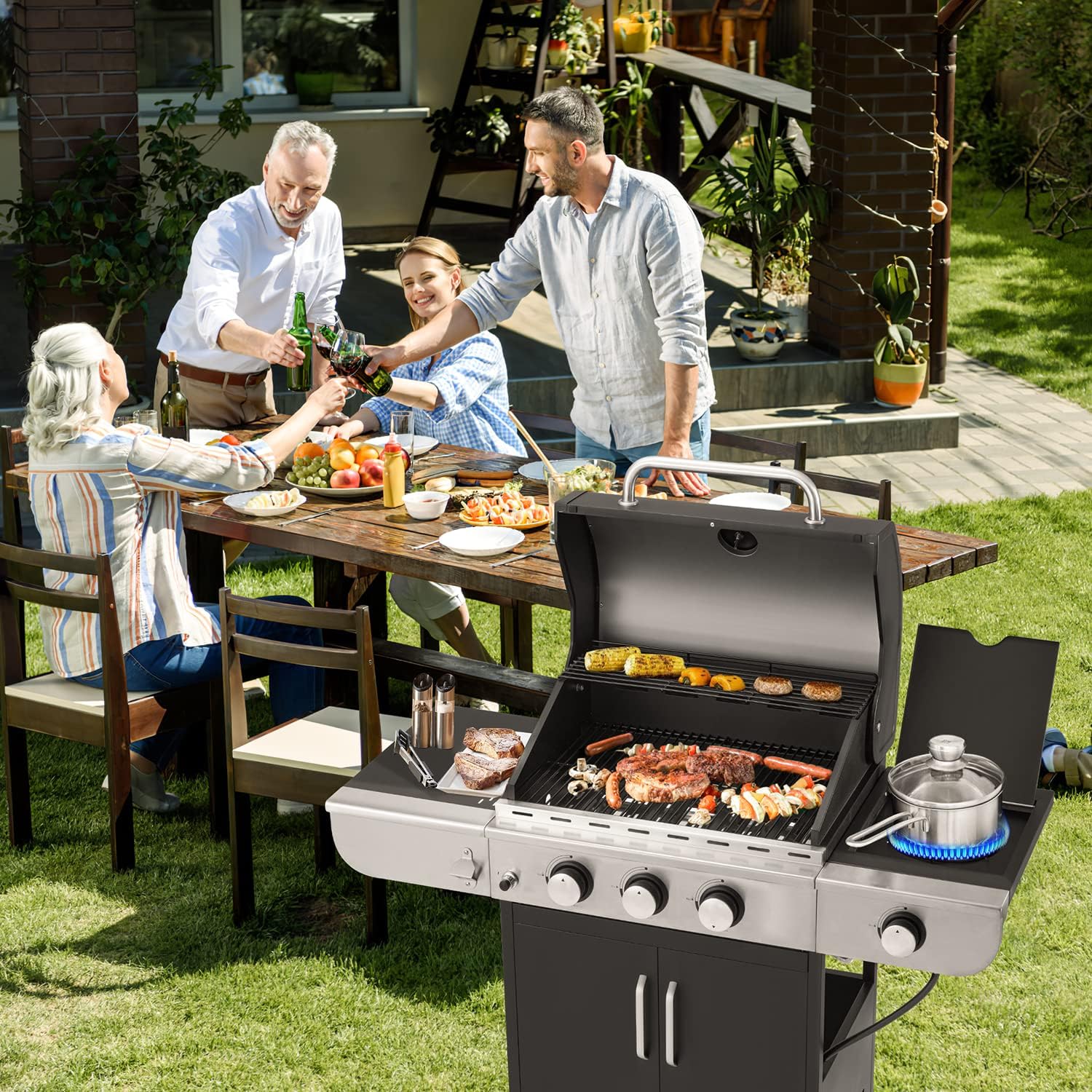 ZenVora 4-Burner Propane Gas Grill with Cast Iron Grates, Side Stove and 44,000 BTU Stainless Steel Burners
