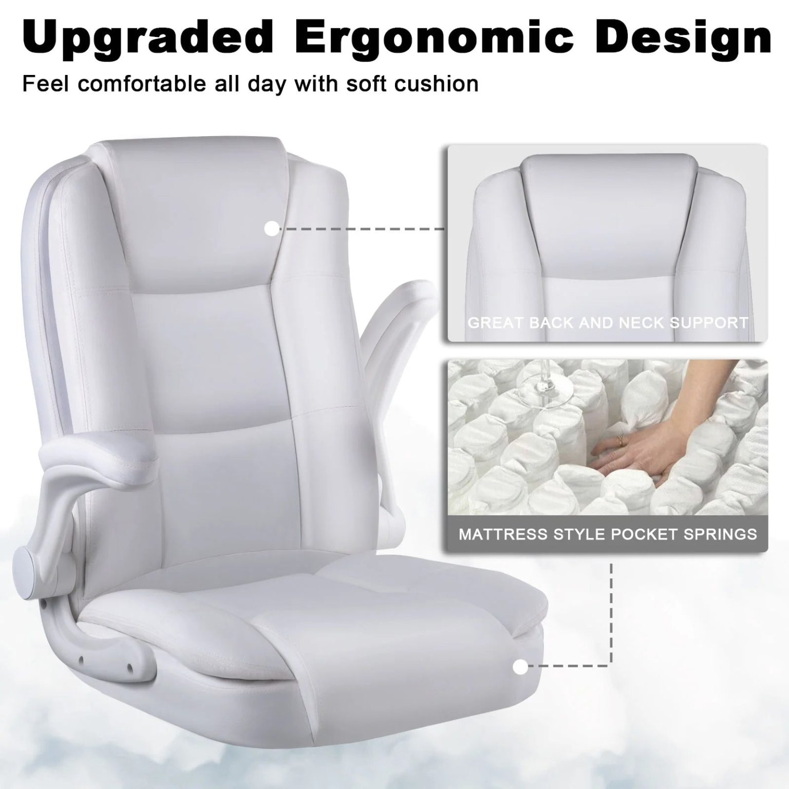 ZenVora Big and Tall Ergonomic Office Chair, High Back Leather Executive Computer Chair with Padded Flip-Up Arms