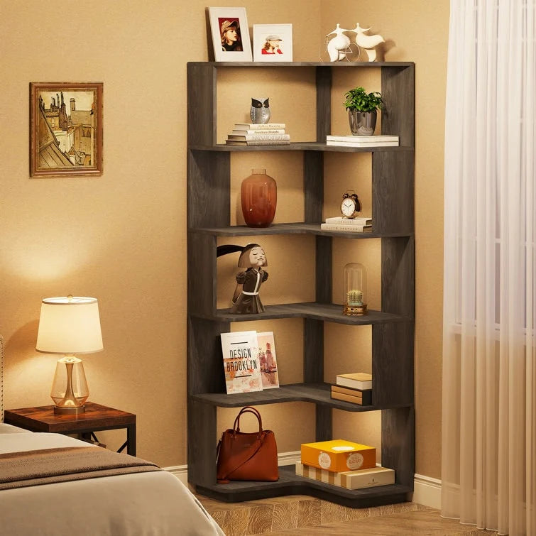 ZenVora 64.9 Inch Tall 6-Tier Corner Bookshelf, Freestanding Wood Industrial Bookcase