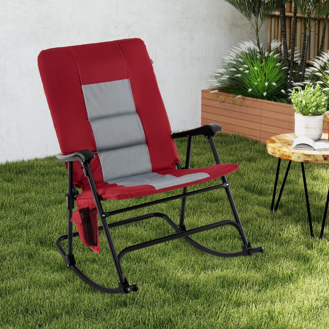ZenVora Oversized Folding Rocking Chair – Padded Patio Lounge with Metal Frame & Side Pocket
