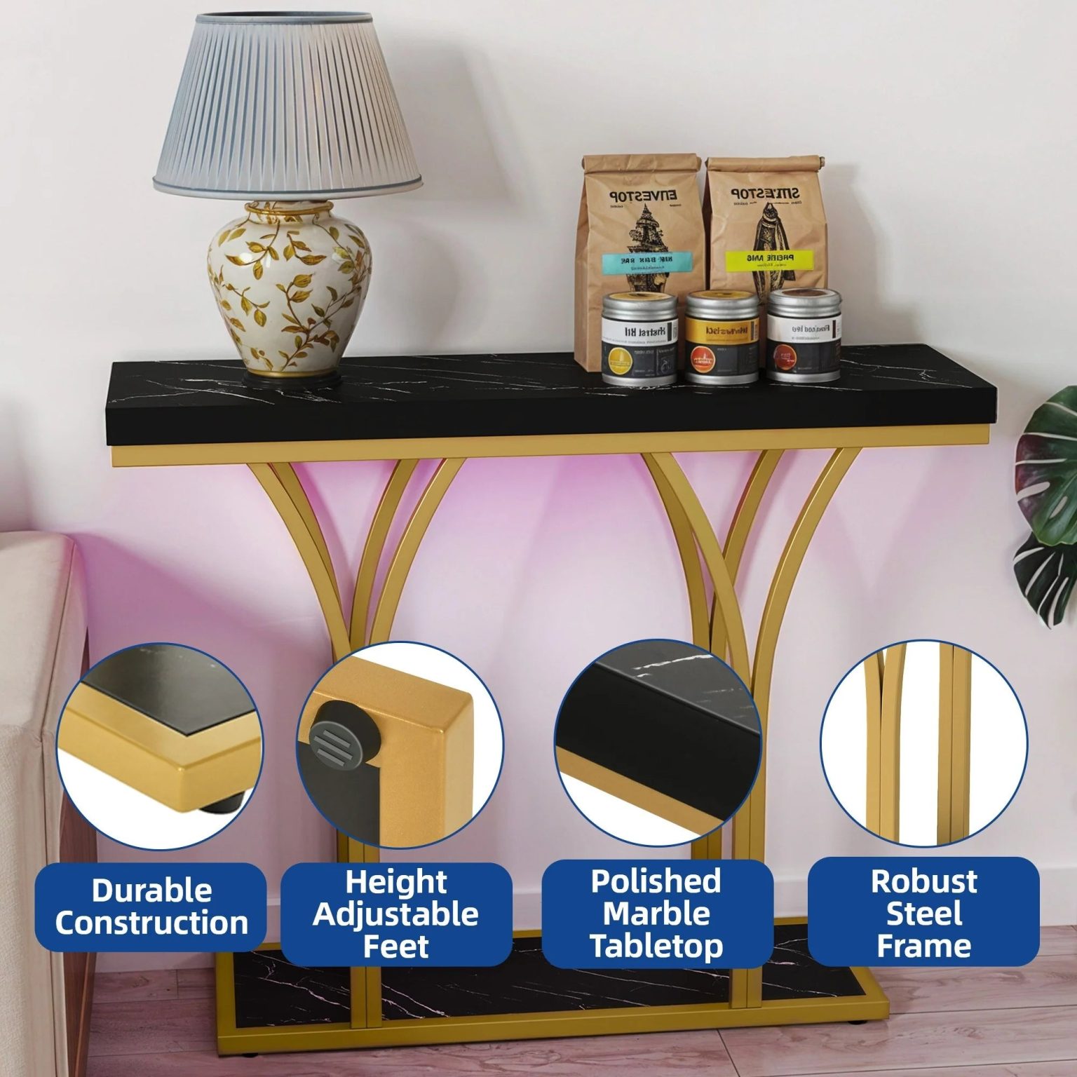 ZenVora Modern Gold Console Table with Marbled Top, Sofa Table for Entryway and Hallway