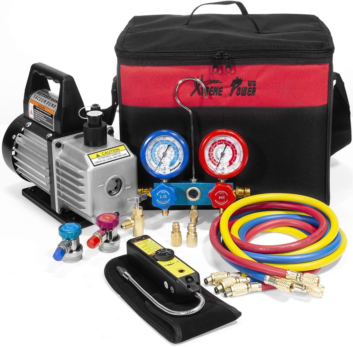 ZenVora 4 CFM HVAC A/C Refrigeration Vacuum Pump and Manifold Gauge Kit with R134a Tap, Leak Detector and Carrying Bag