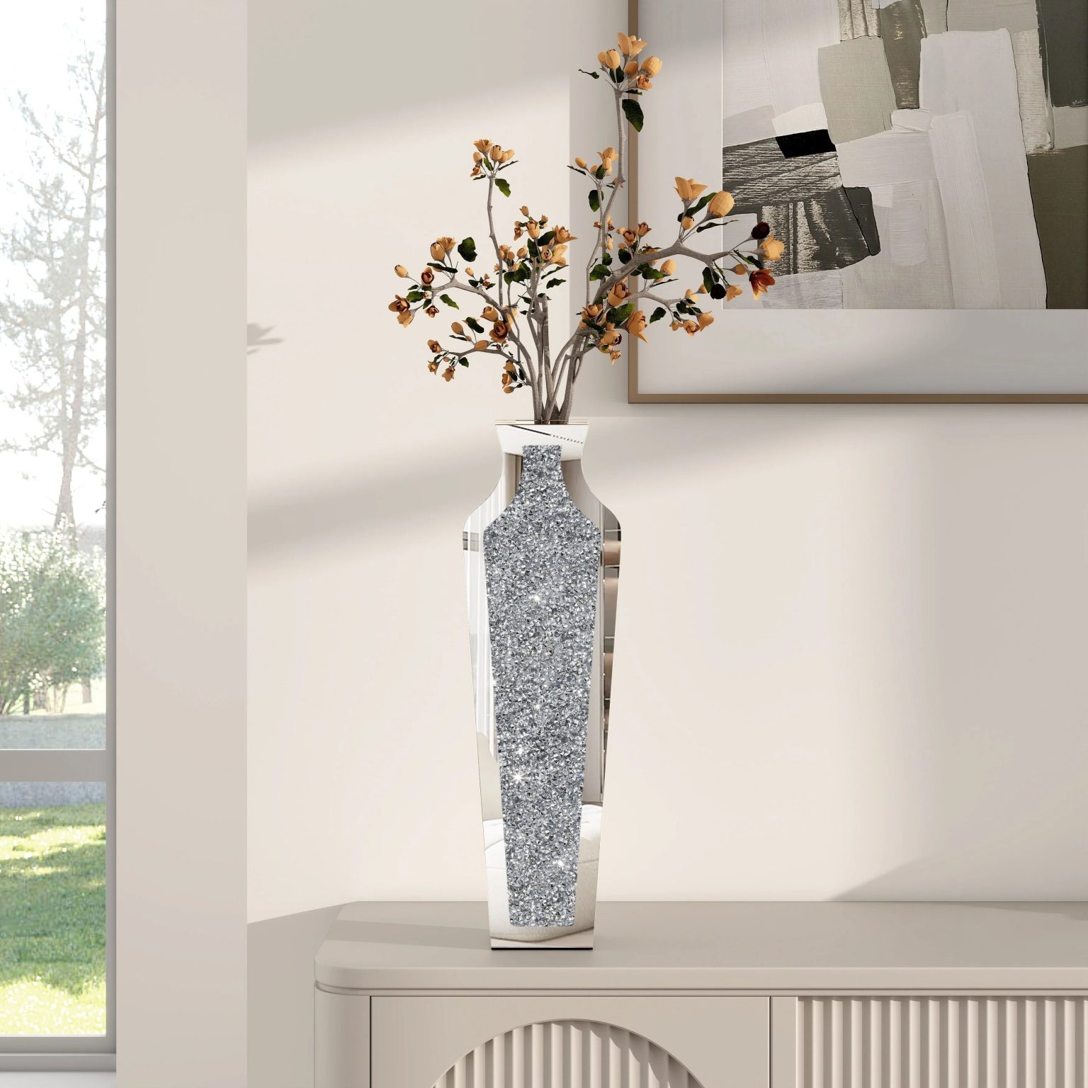 ZenVora Tall Crushed Diamond Floor Vase, Luxury Decorative Crystal Accent Vase for Living Room, Bedroom and Home Decor
