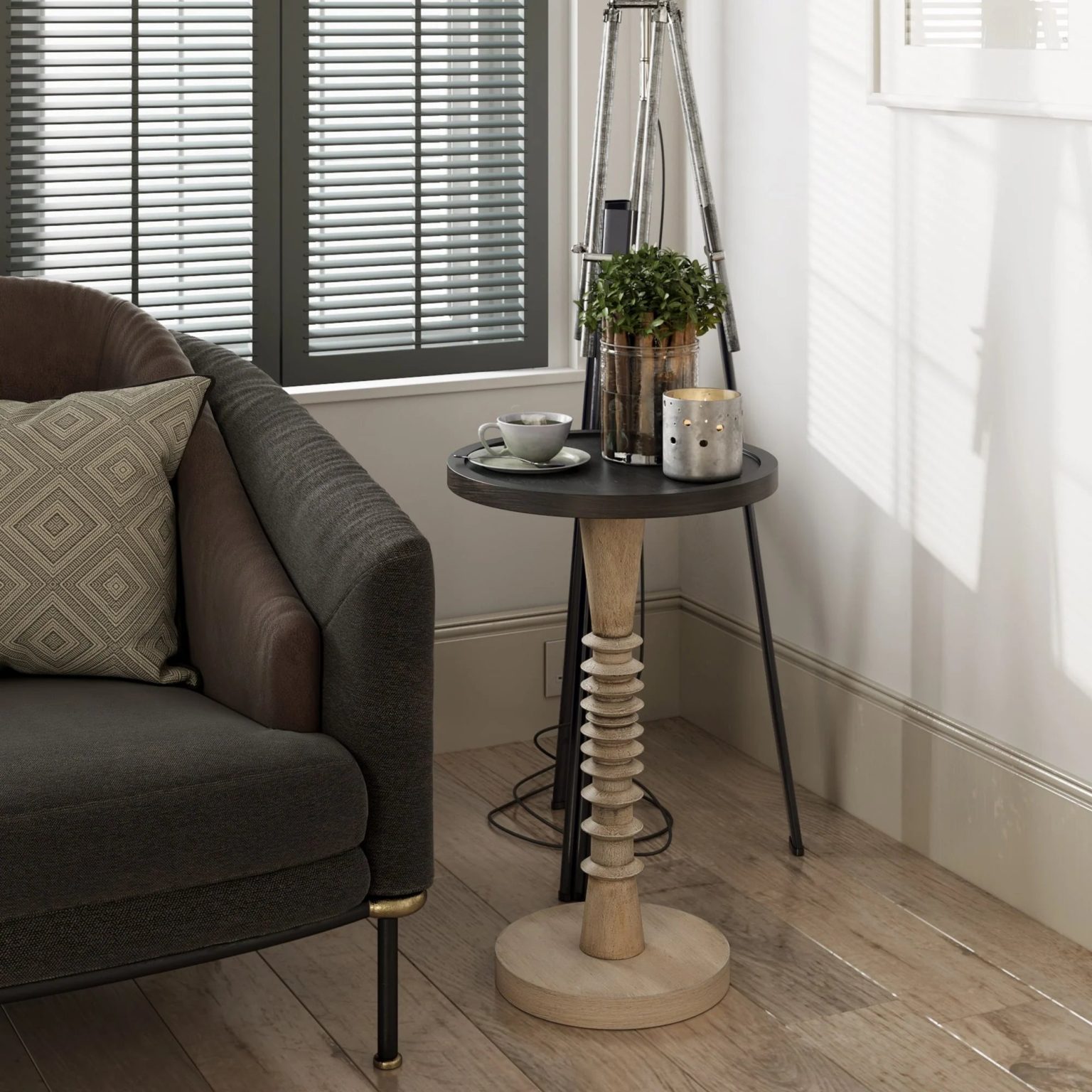 ZenVora Small Pedestal End Table with Tray Top, Farmhouse Distressed Finish Accent Table