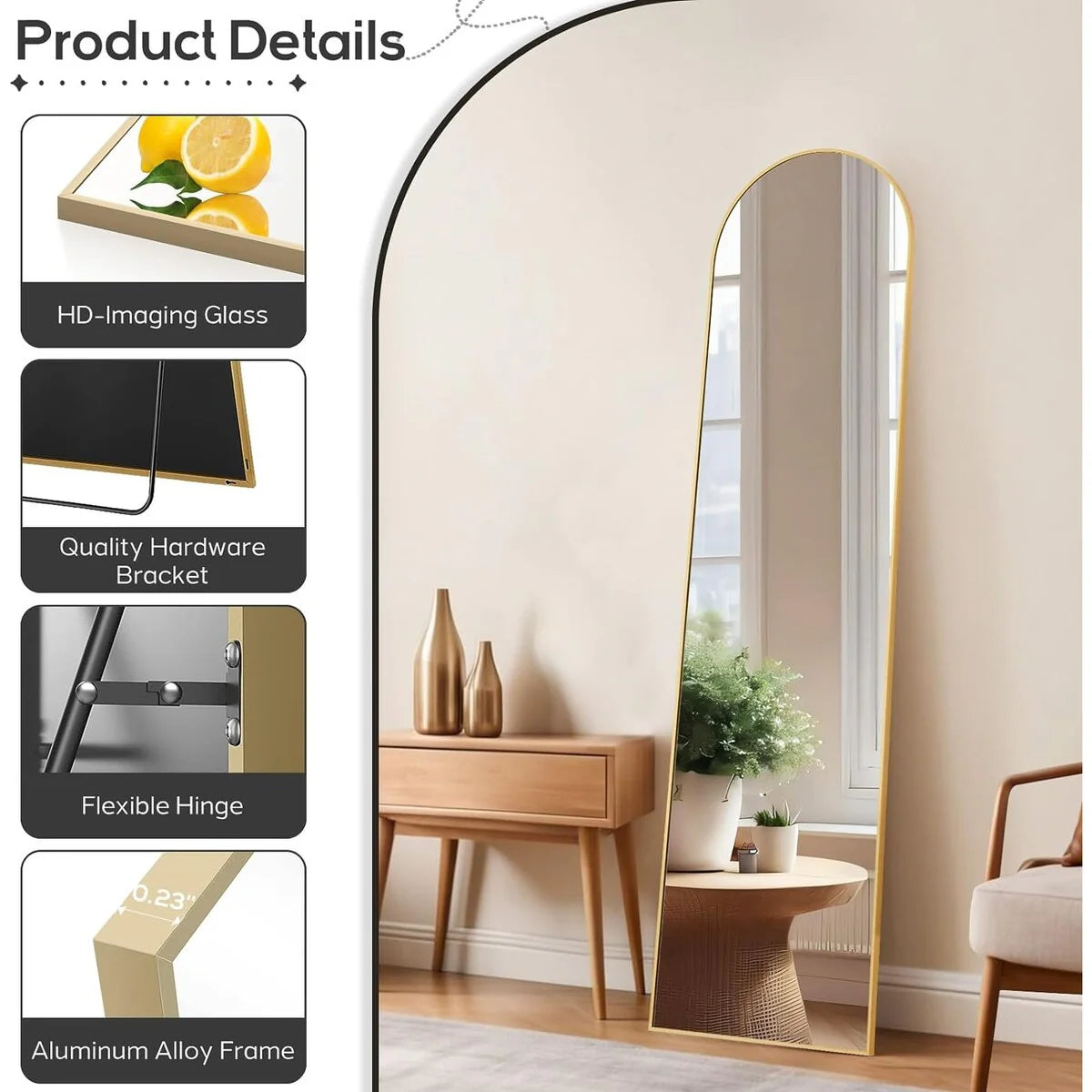 ZenVora Full Length Mirror with Stand, Aluminum Alloy Frame Full Body Floor Mirror for Bedroom and Cloakroom