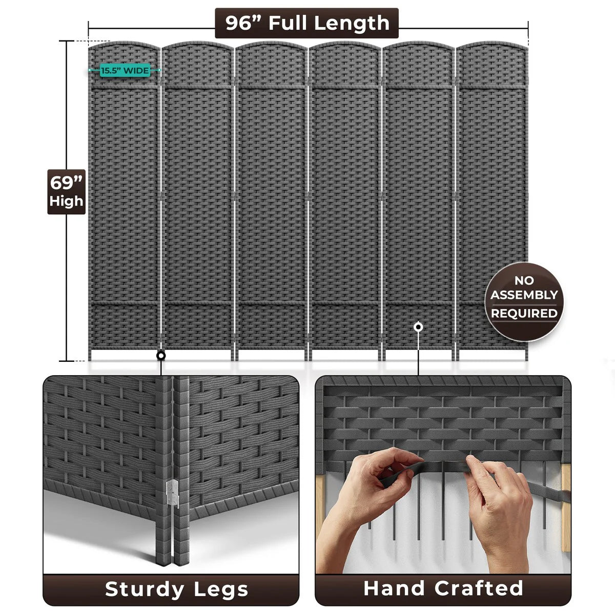 ZenVora 6 Panel Room Divider, 6ft Tall Extra Wide Folding Privacy Screen with Hand-Woven Mesh Panels