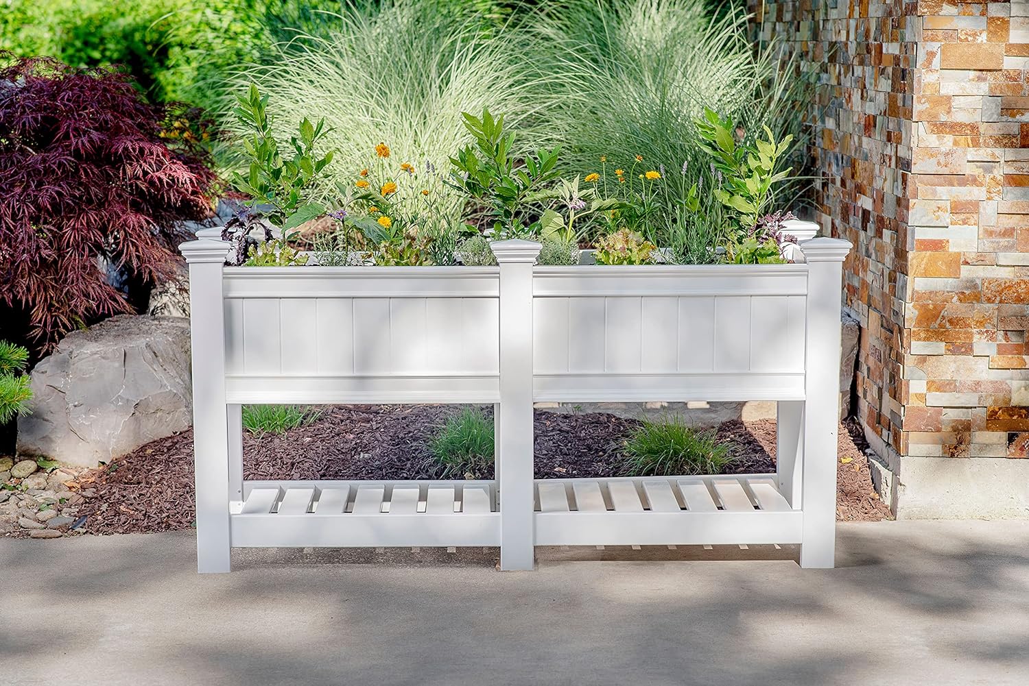 ZenVora White Vinyl Raised Garden Bed Planter Box - Paintable Outdoor Herb & Flower Planter with Storage Shelf