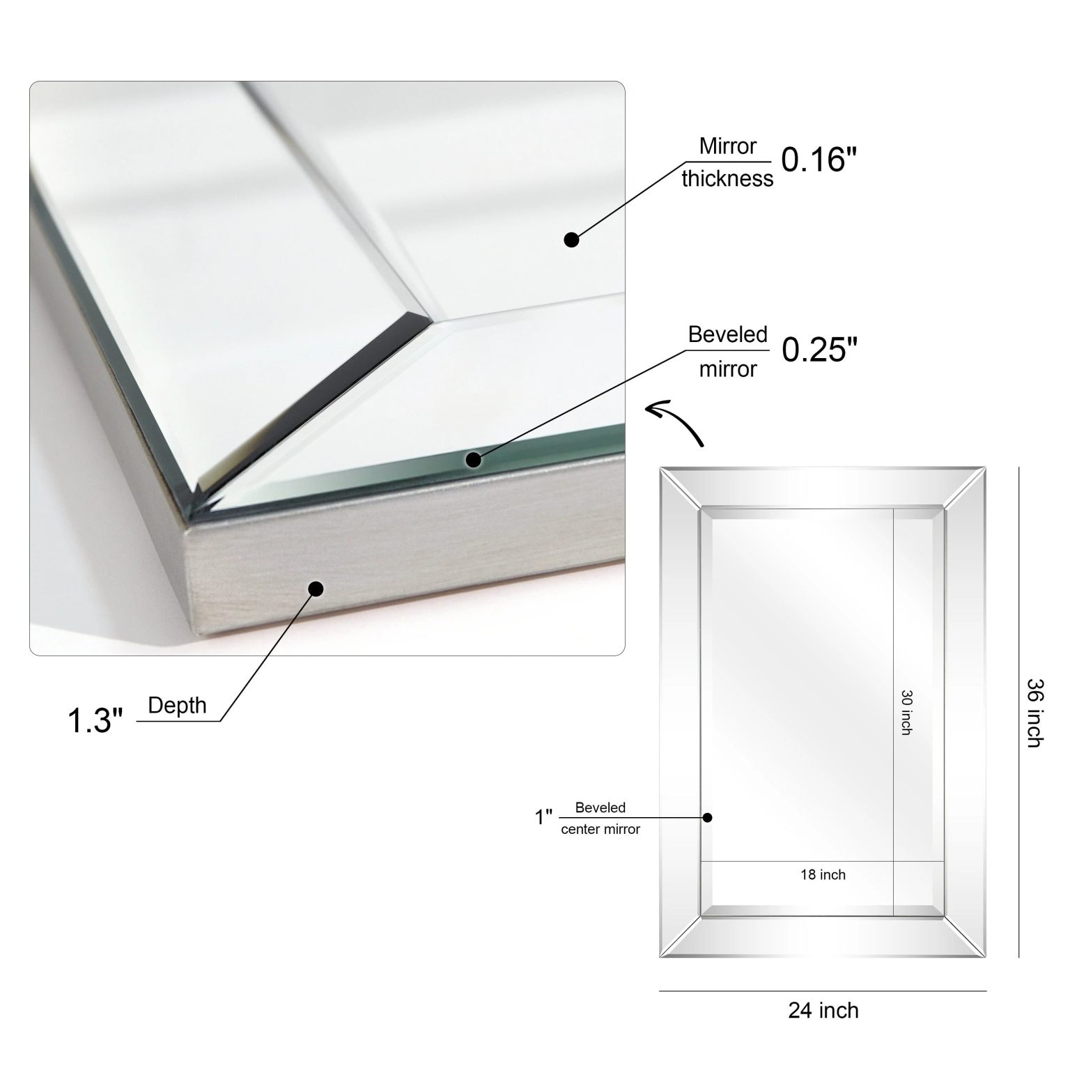 ZenVora Beveled Rectangular Clear HD Wall Mirror, Bathroom Vanity and Bedroom Mirror, 3 Sizes