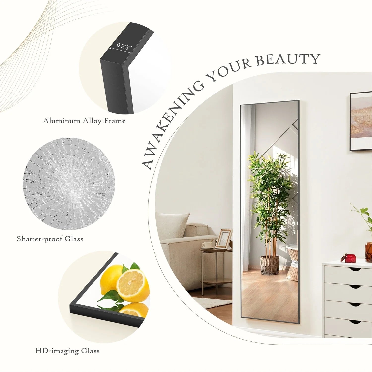 ZenVora Full Length Mirror with Stand, Aluminum Alloy Frame Full Body Floor Mirror for Bedroom and Cloakroom