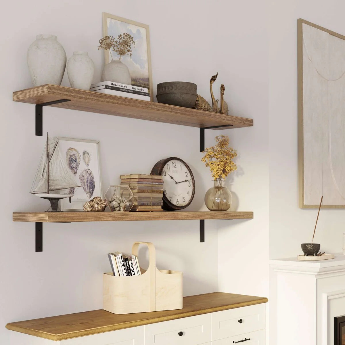 ZenVora 60 Inch Rustic Floating Wall Shelves, 2 Piece Burnt Wood Display and Storage Shelves