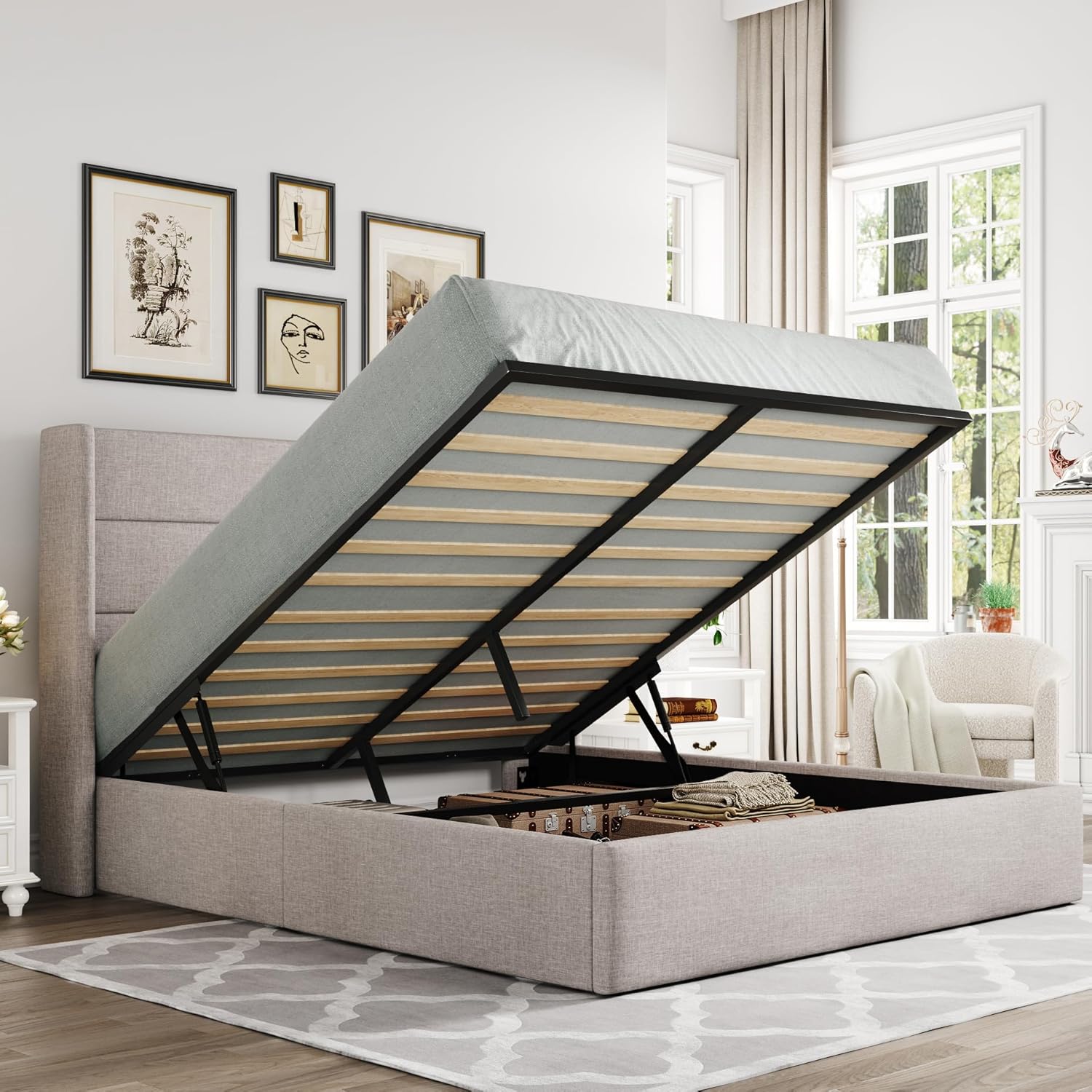 ZenVora Queen Size Lift Up Storage Bed with Wingback Headboard, Upholstered Platform Bed Frame with Hidden Storage