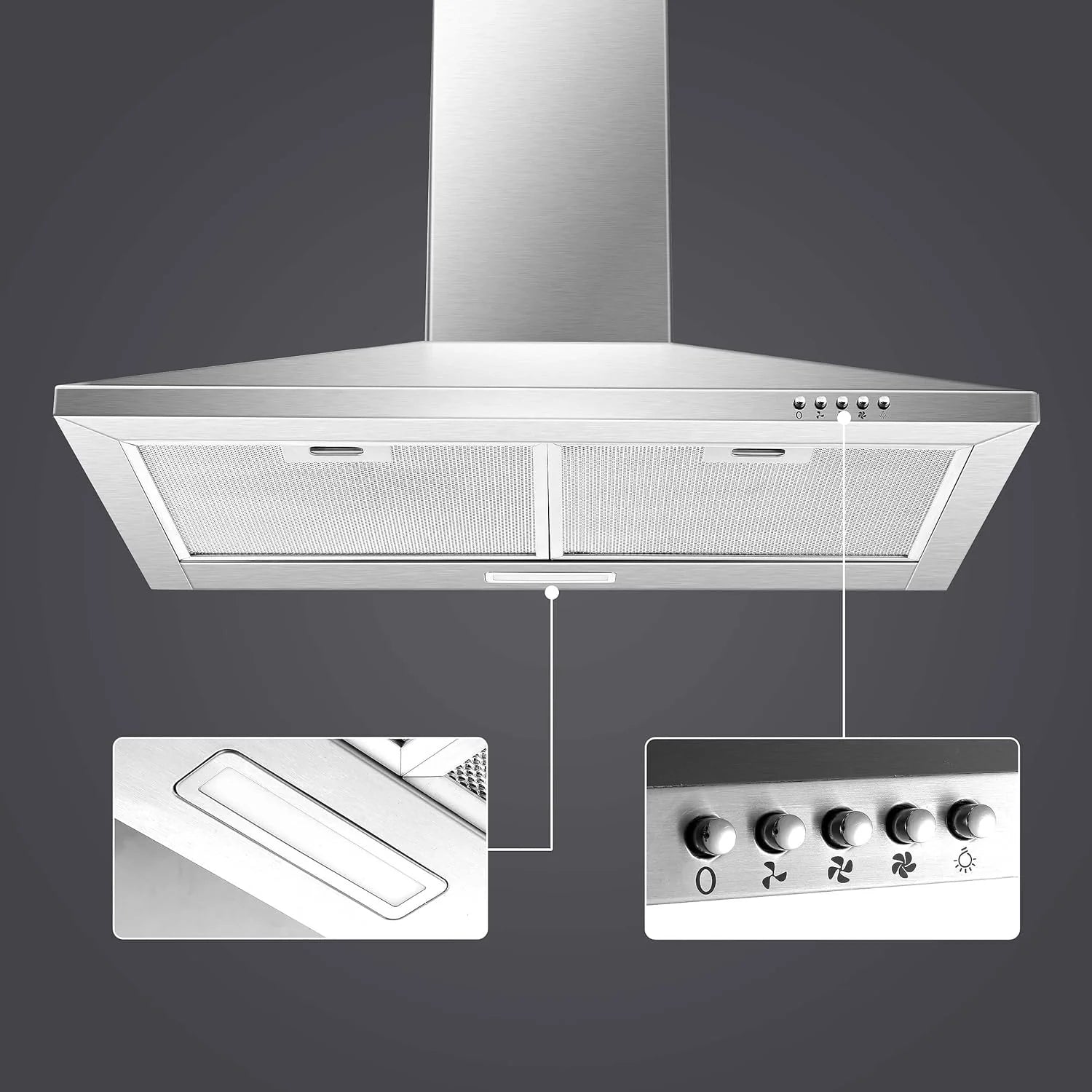 30 Inch Wall Mount Stainless Steel Range Hood, Modern Kitchen Exhaust Vent Hood with LED Light