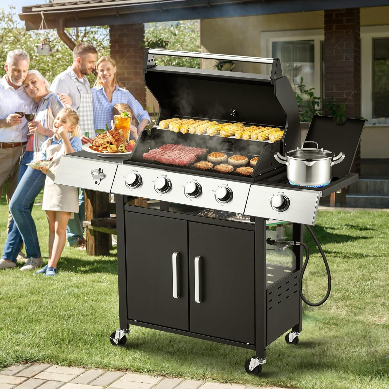 ZenVora 4-Burner Propane Gas Grill with Cast Iron Grates, Side Stove and 44,000 BTU Stainless Steel Burners