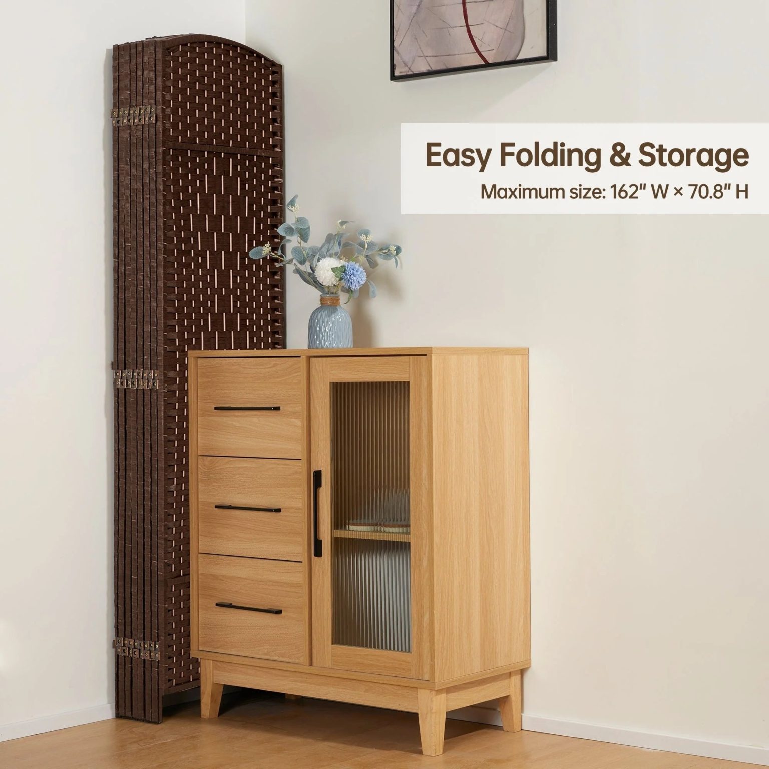 ZenVora 6 FT Tall Woven Fiber Room Divider, Freestanding Folding Privacy Screen